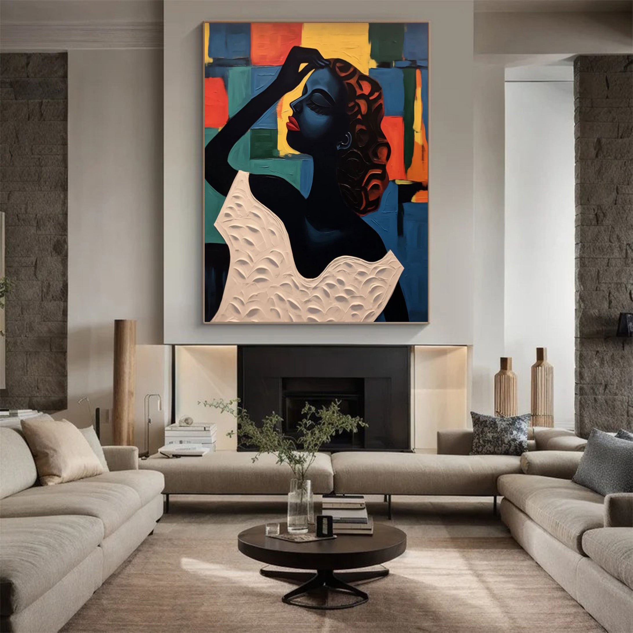 Elegant Portrait with Abstract Geometric Panels, Modern Art #BGA 175