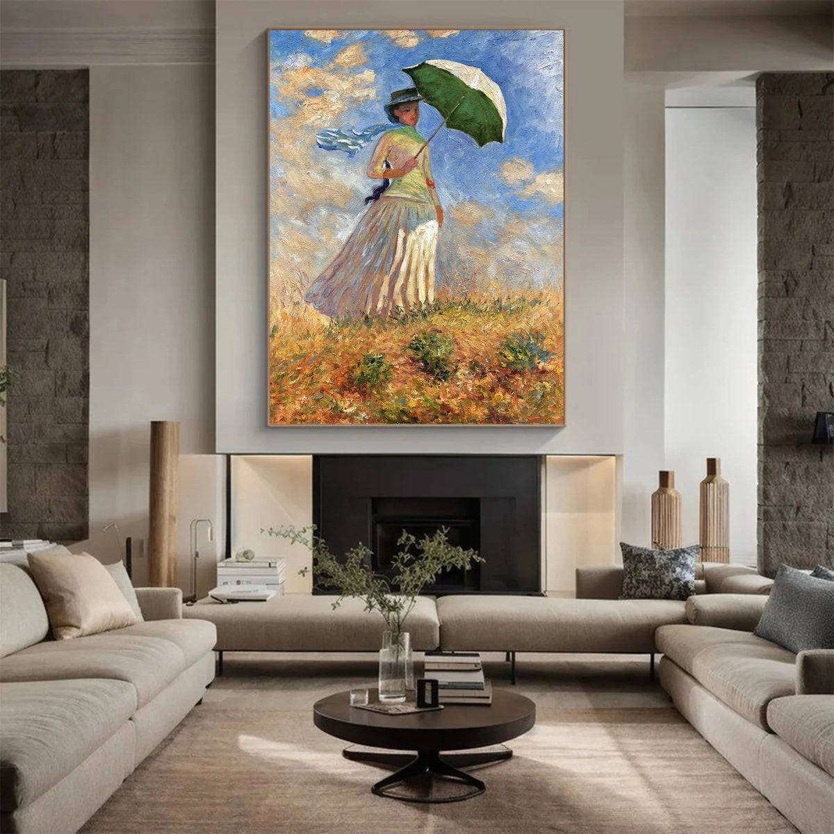 Afternoon Light Across The Meadow Impressionist Painting Woman Parasol Landscape Wall Art