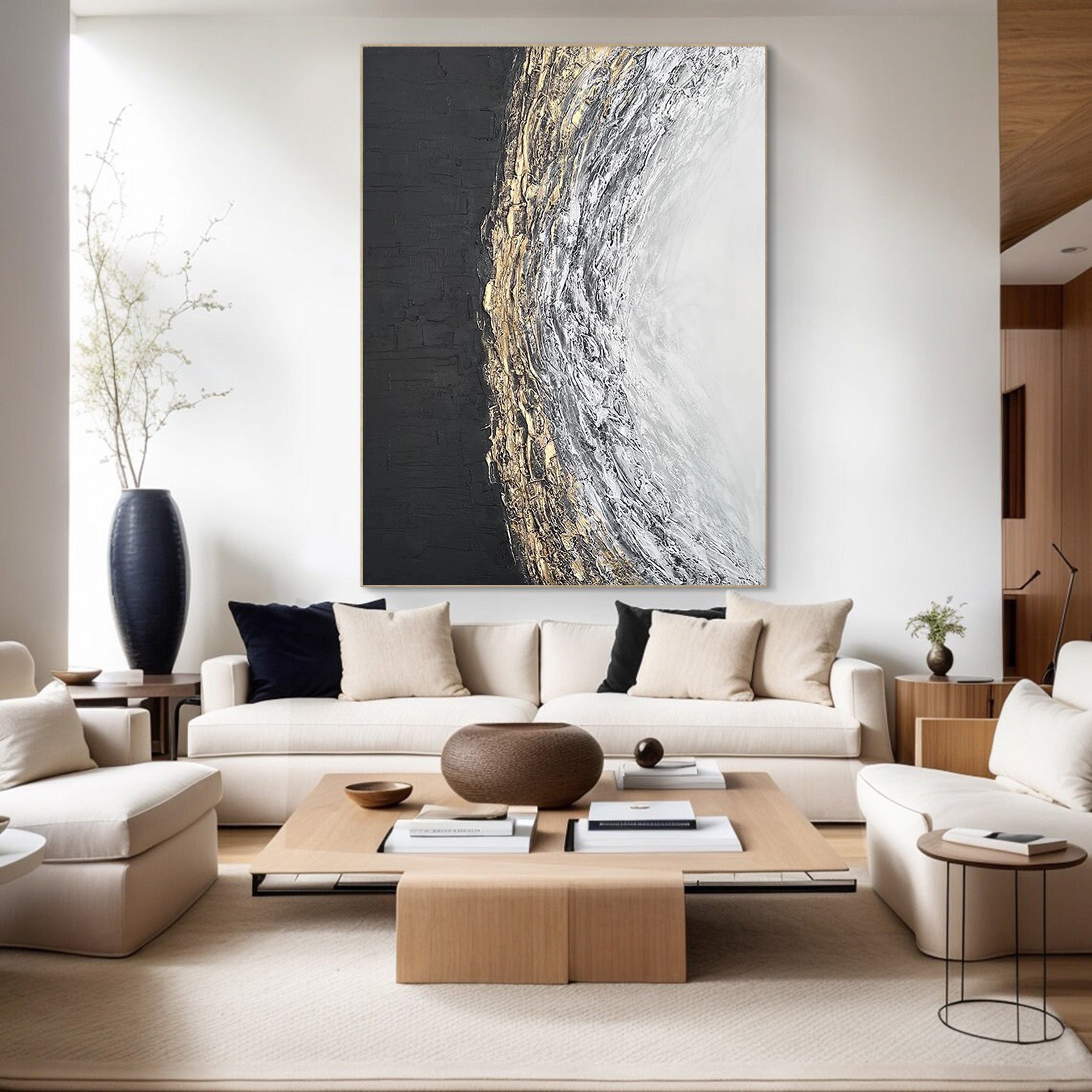 Lunar Divide: Abstract Textured Art, Gold Accent Canvas #BGA 117
