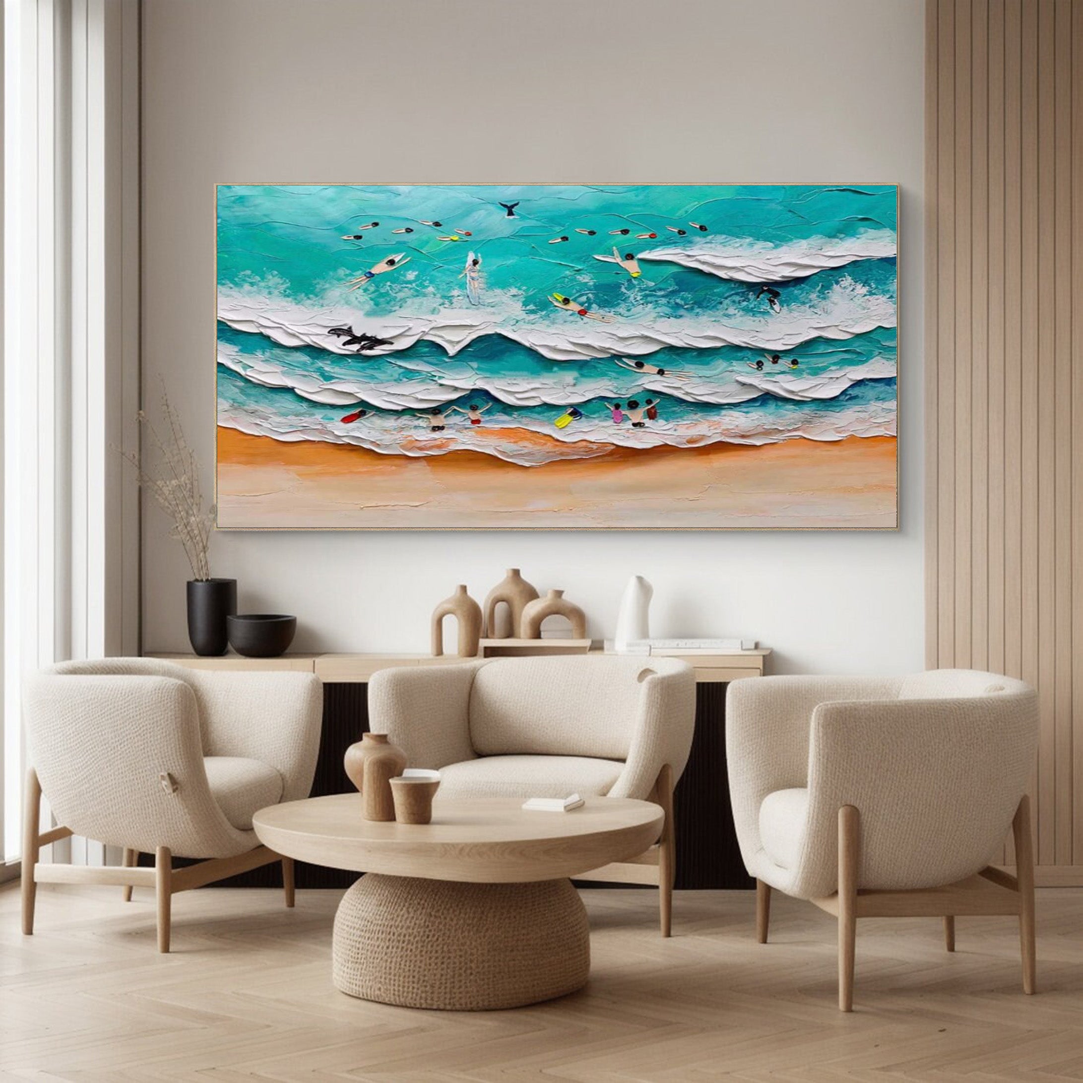 Bold Impasto Surfers, Energetic Beach Wall Painting #BGA 154