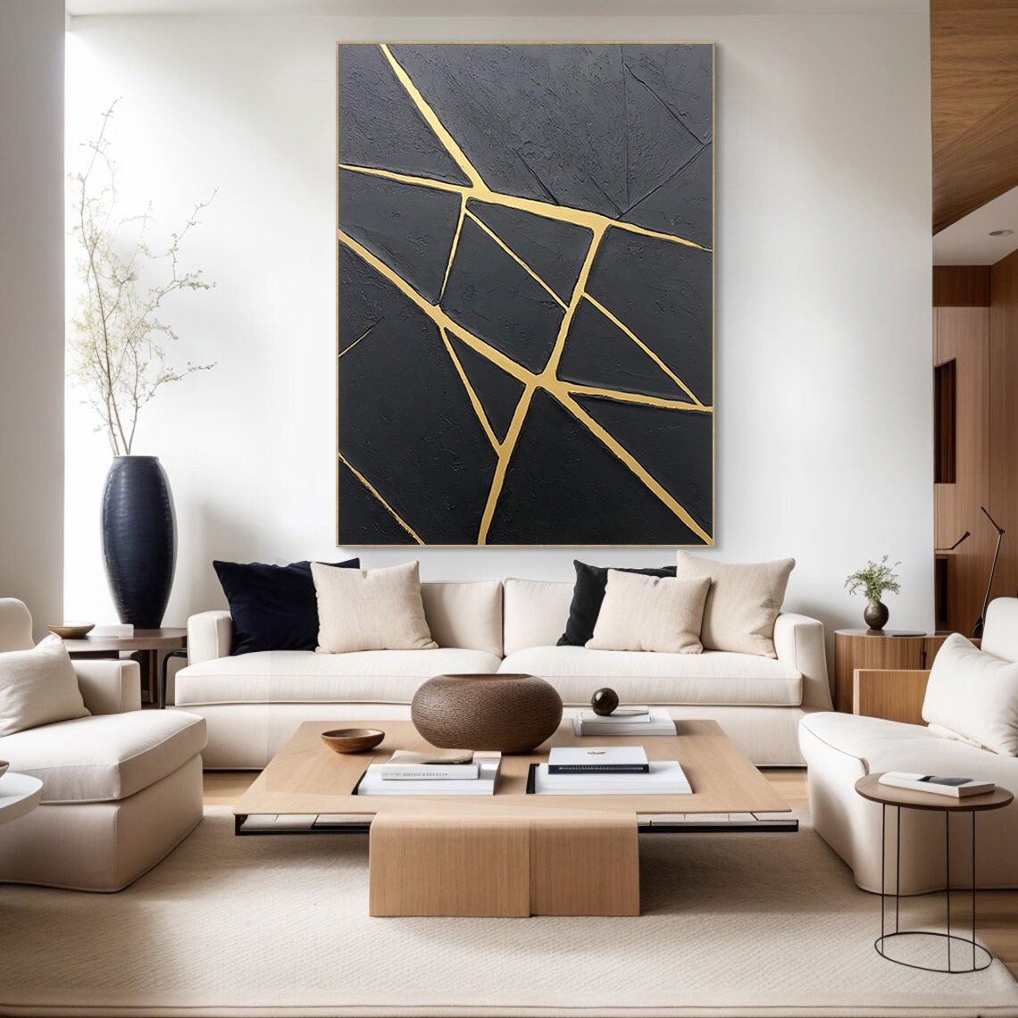 Modern Canvas with Textured Black and Geometric Gold Veins #BGA 195