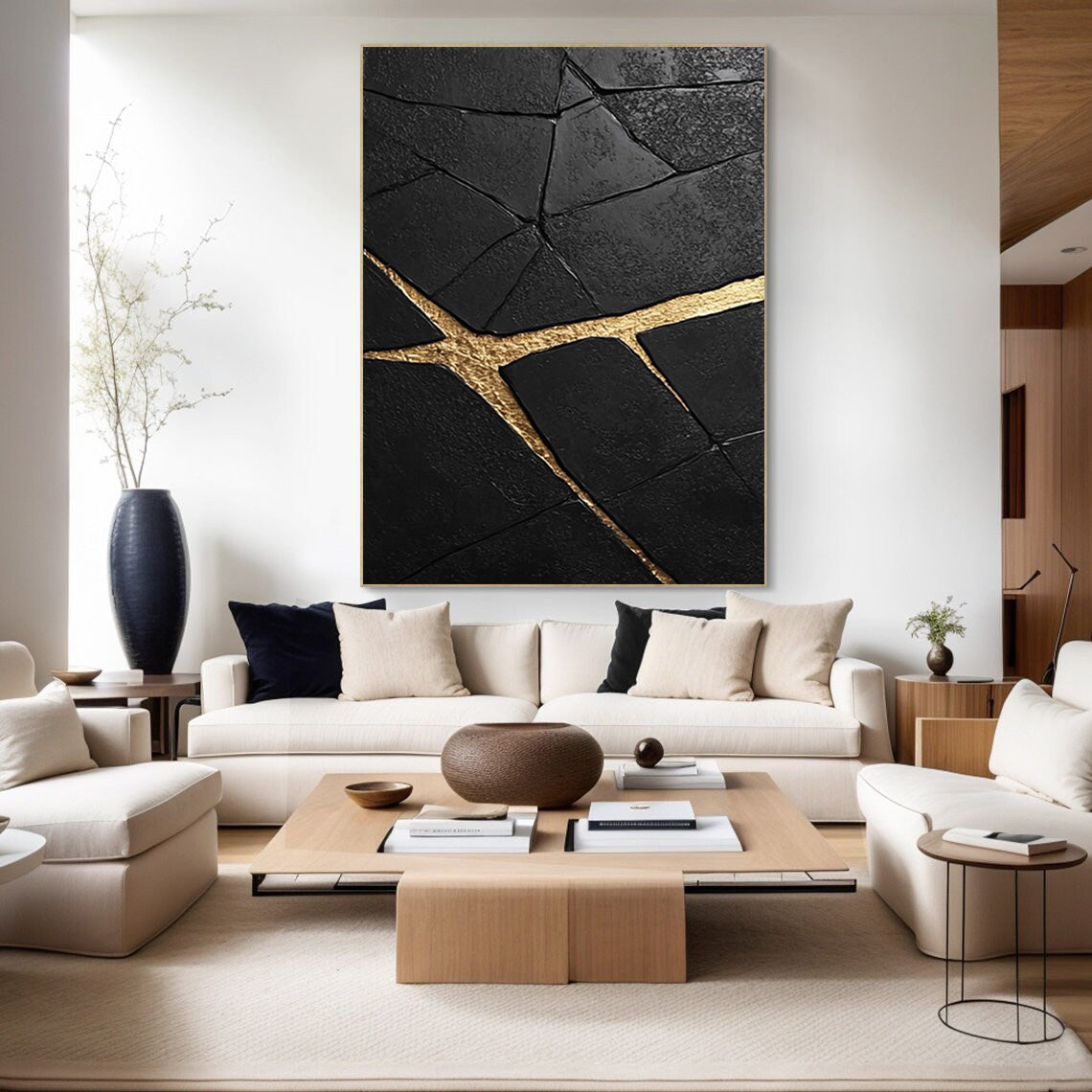 Modern Abstract with Deeply Textured Black and Gold Rivers #BGA 182