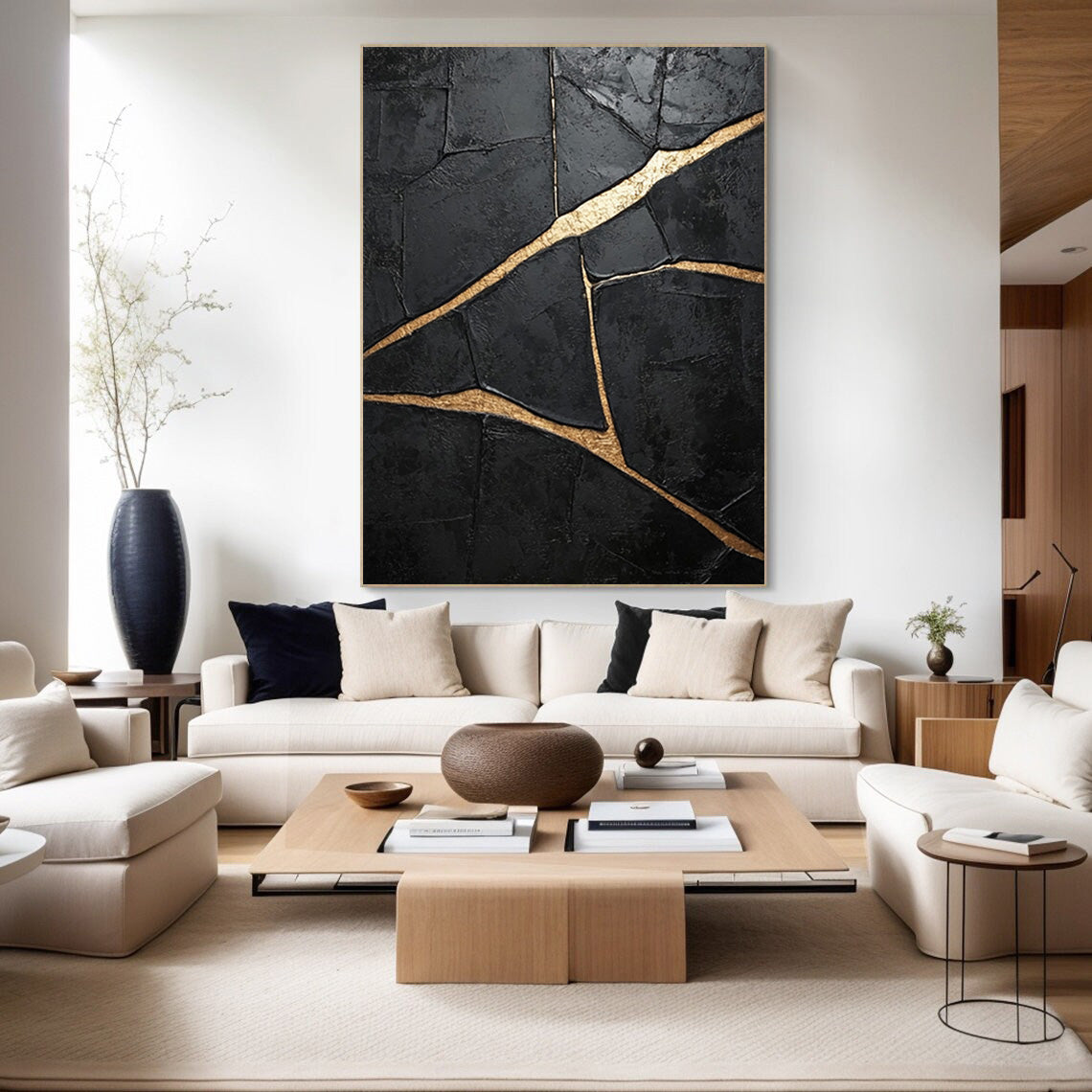 Heavily Textured Black Art with Gold Seams, Modern Canvas #BGA 183