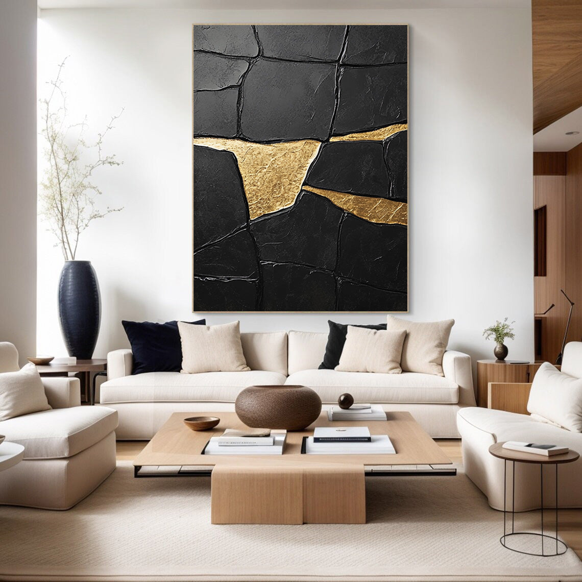 Textured Black Abstract with Irregular Gold Veins, Modern Art #BGA 185