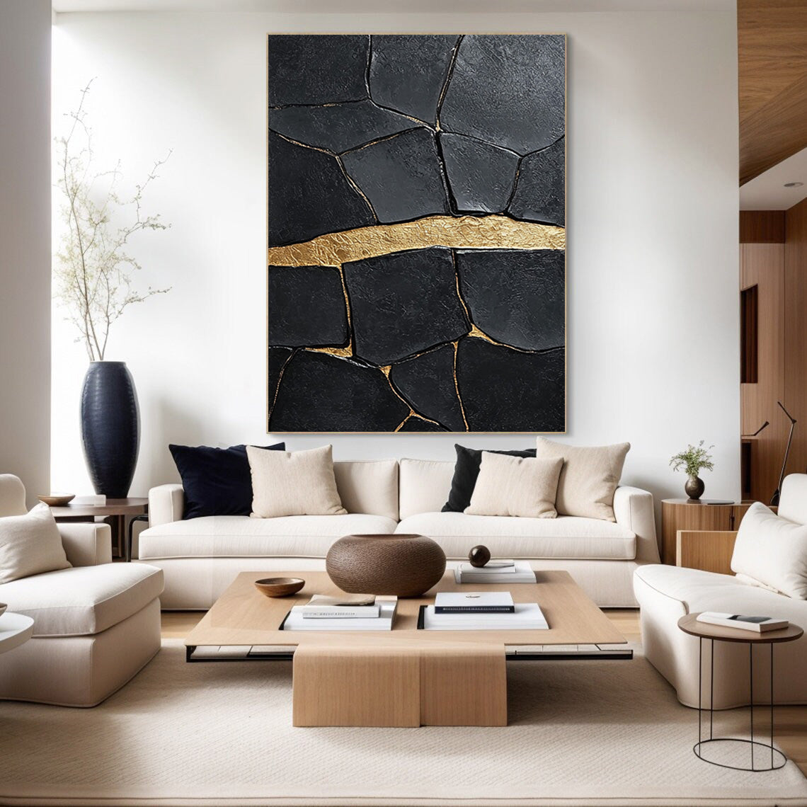 Black Impasto Art with a Bold Golden Fault, Textured Abstract #BGA 184