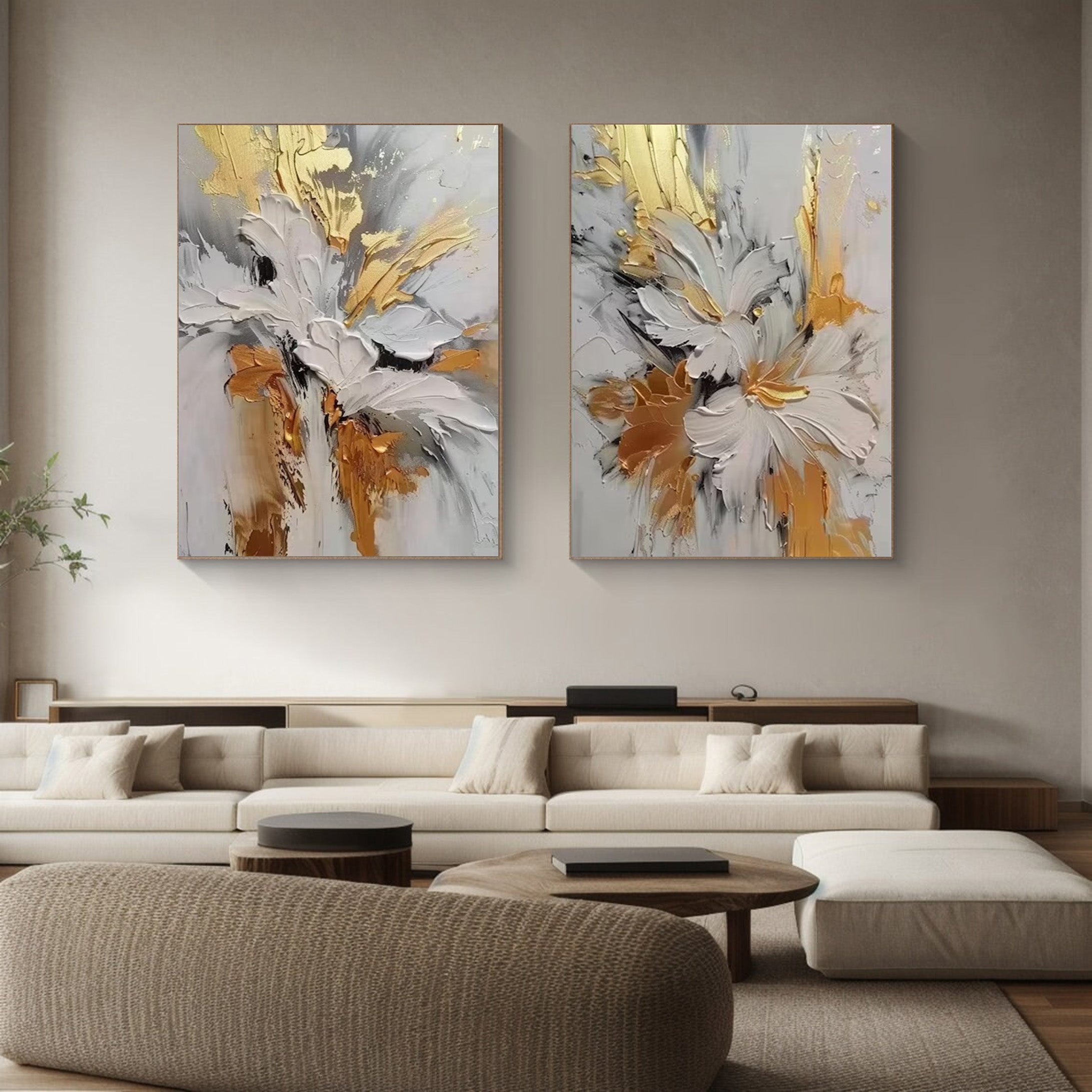 Opulent Bloom Set: 3D Gold Floral Art, Textured Abstract Art #BGA 133