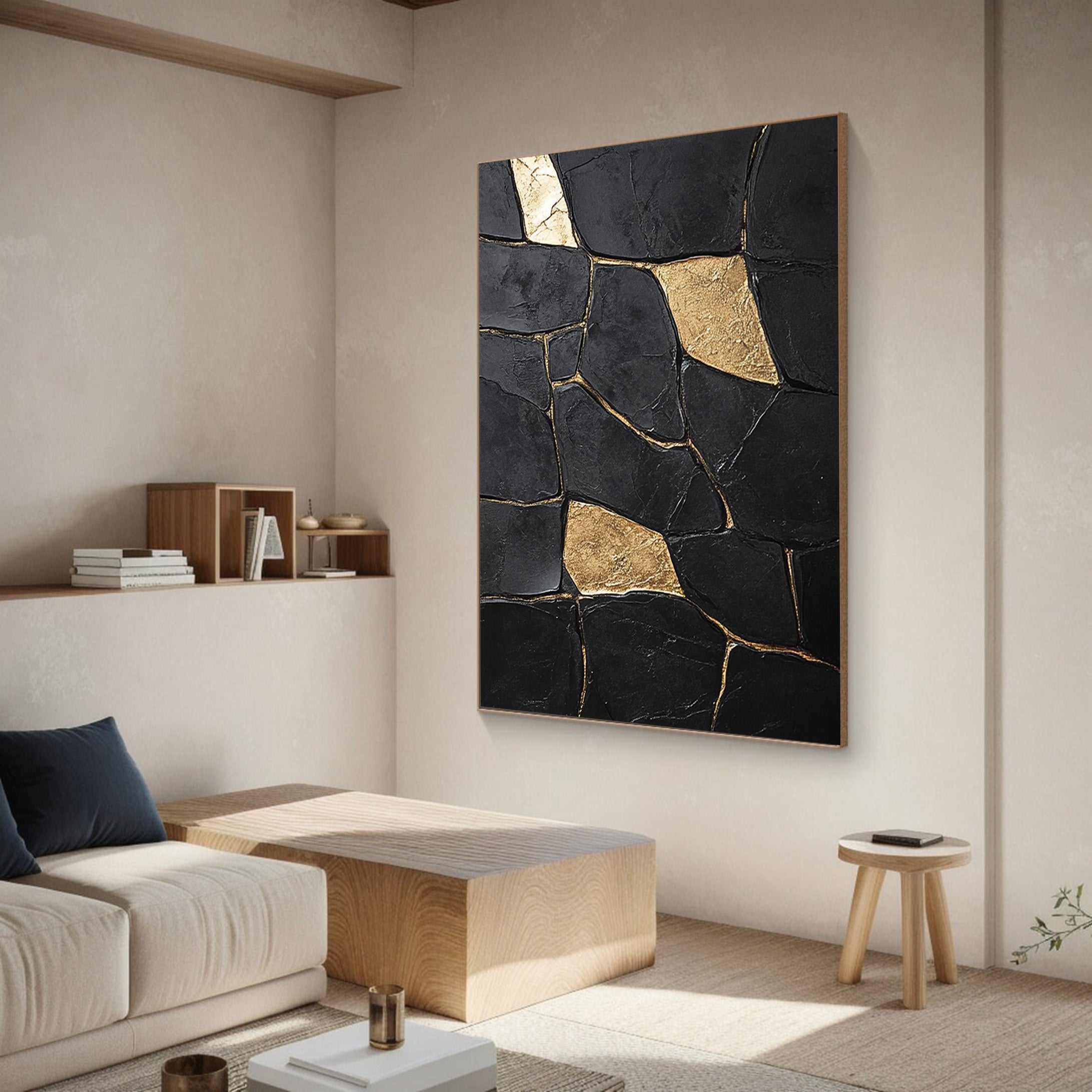 Large Black Impasto Art with Bold Geometric Gold Wall Decor #BGA 188