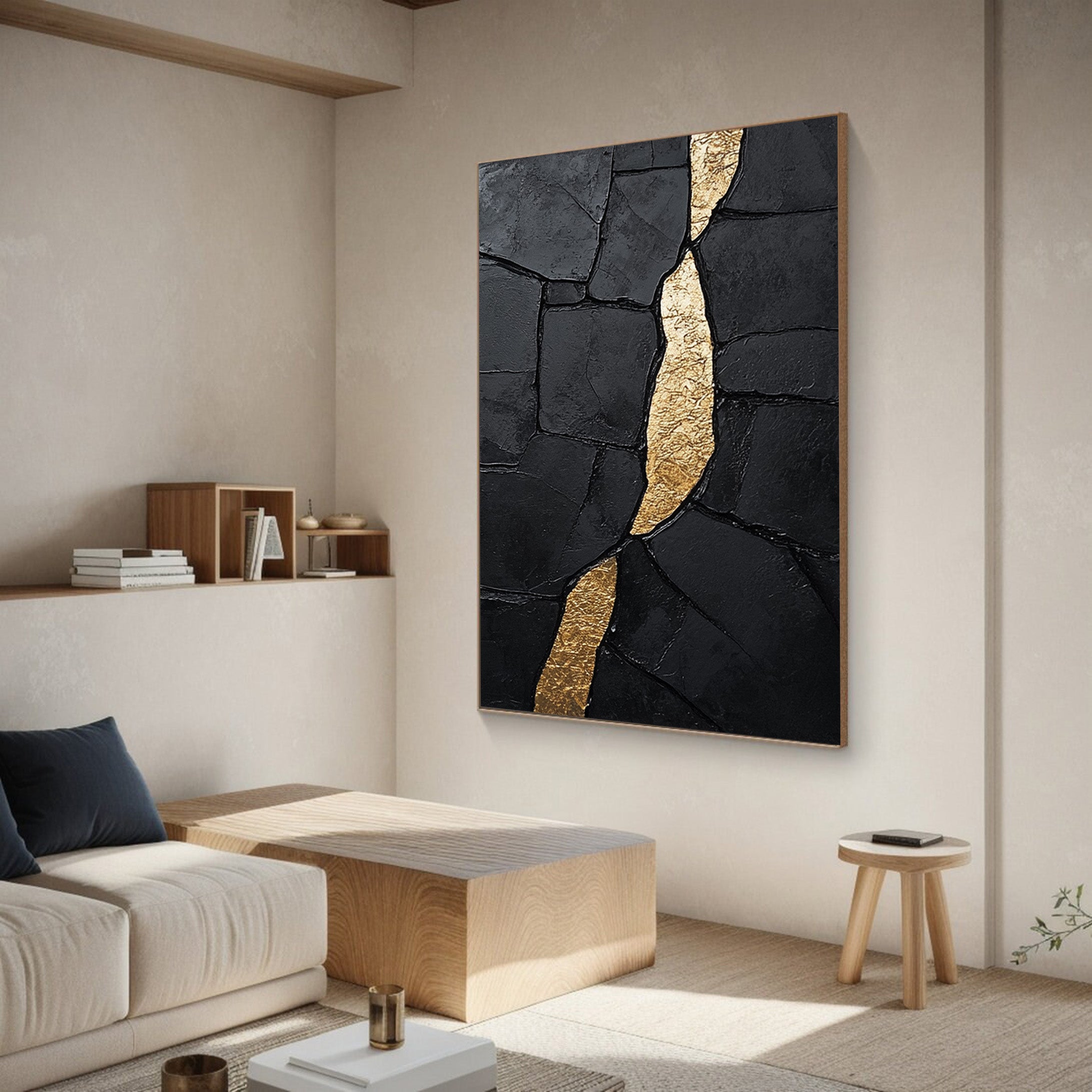 Black Impasto Canvas with Striking Vertical Organic Gold Shape #BGA 191