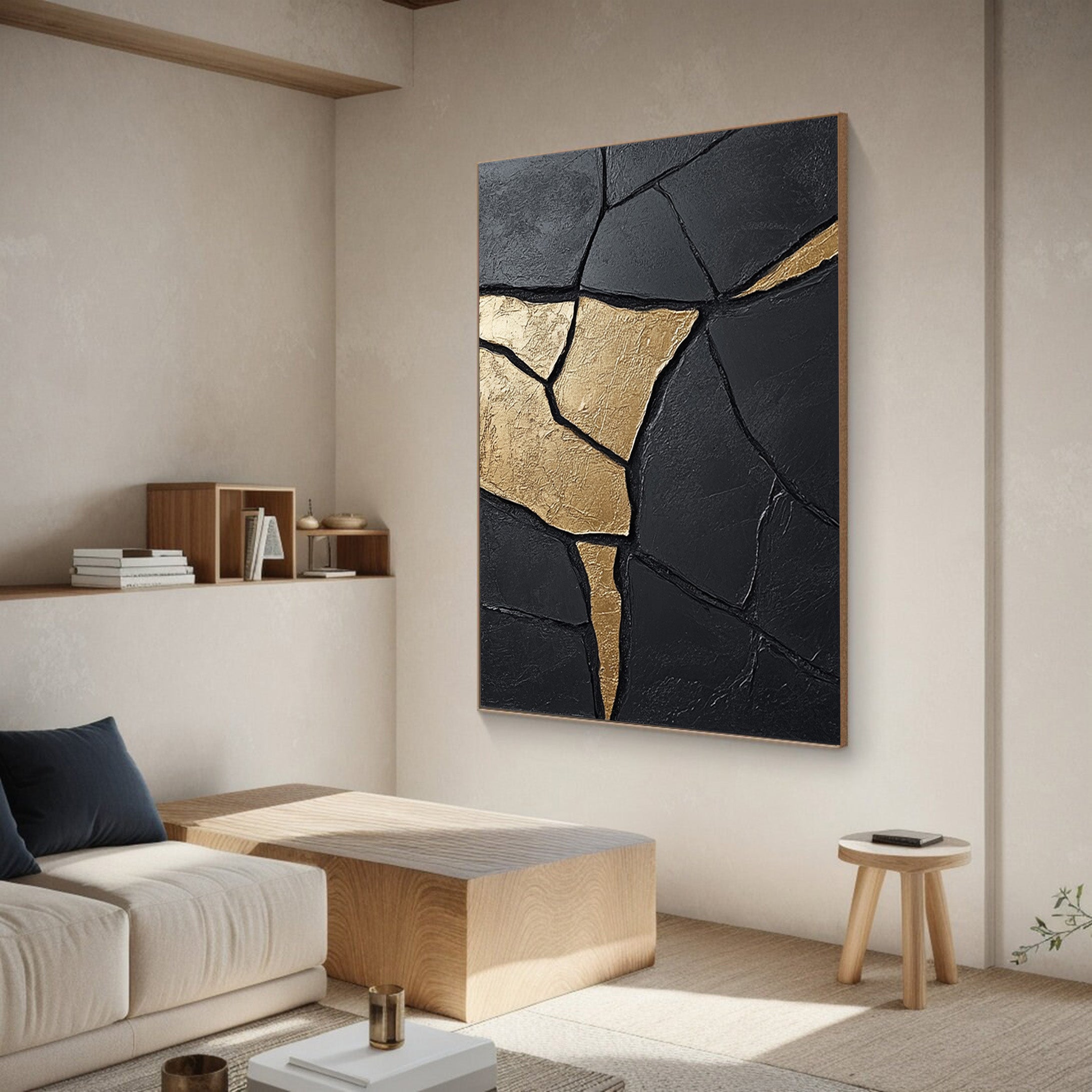 Large Contemporary Black Impasto Art with Organic Gold Shape #BGA 189