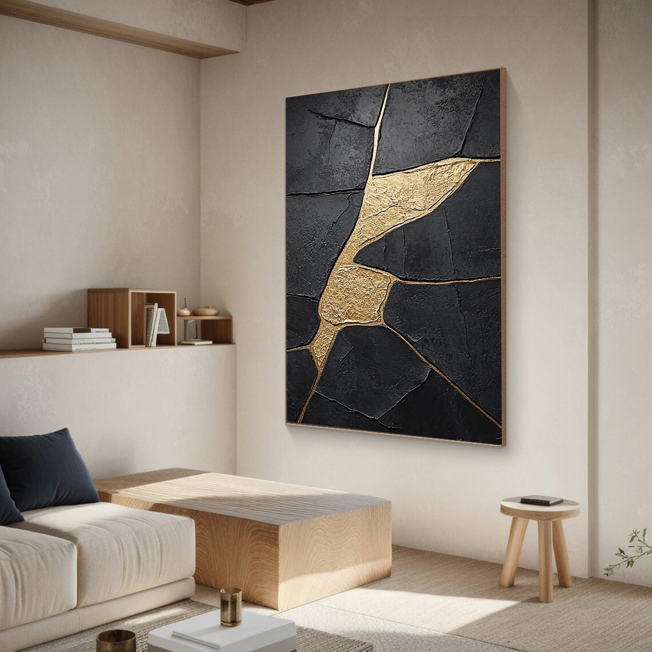 Modern Abstract Canvas with Textured Black and Gold Shapes #BGA 190