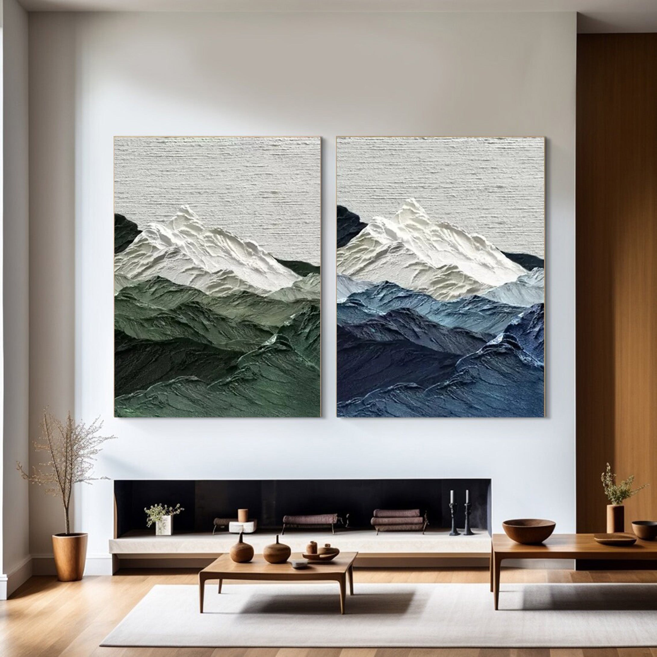 This 3D mountain range art set showcases a textured abstract interpretation of glacial peaks.
