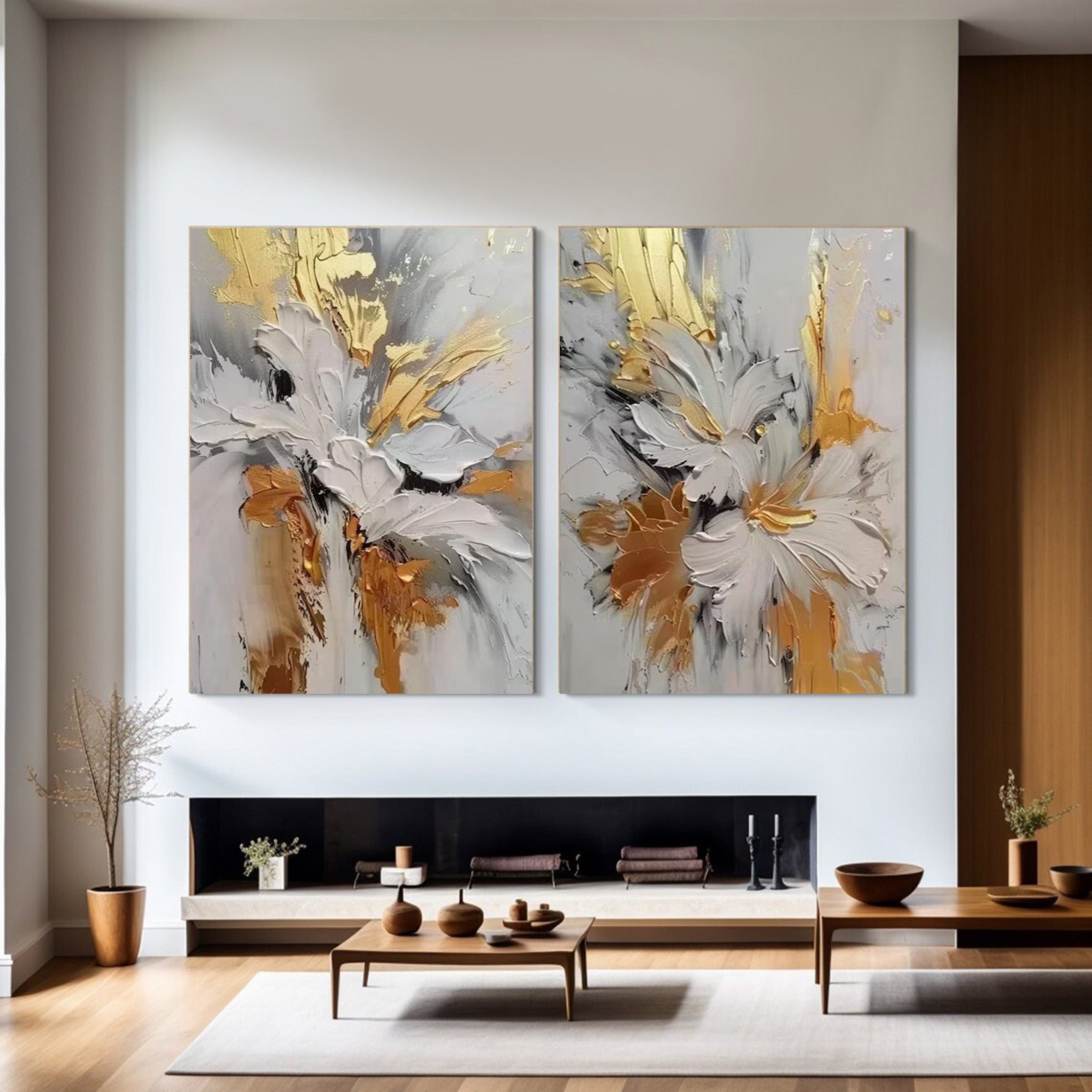 Opulent Bloom Set: 3D Gold Floral Art, Textured Abstract Art #BGA 133