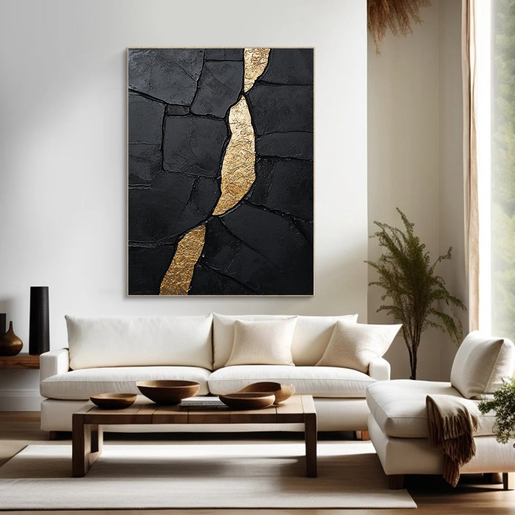 Black Impasto Canvas with Striking Vertical Organic Gold Shape #BGA 191