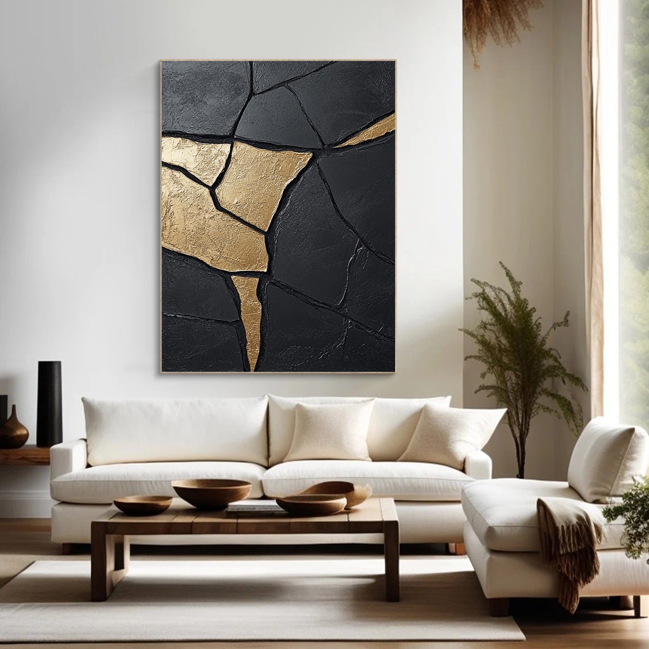 Large Contemporary Black Impasto Art with Organic Gold Shape #BGA 189