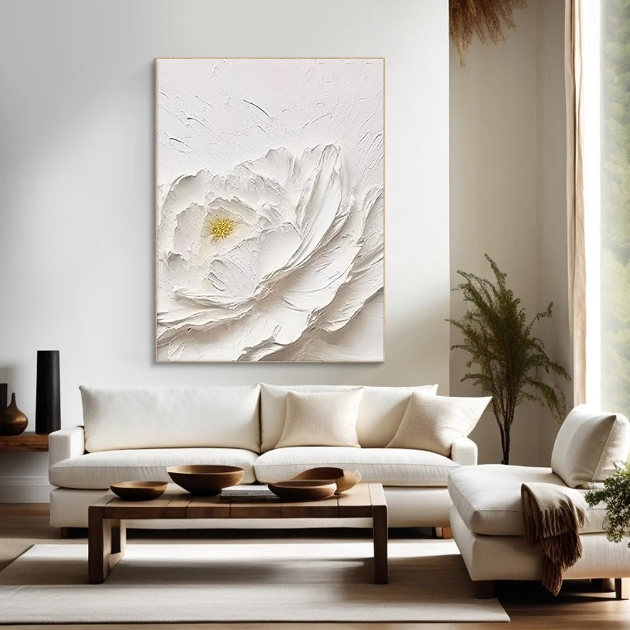 White Bloom: Textured Floral Canvas, Modern 3D Wall Art #BGA 114