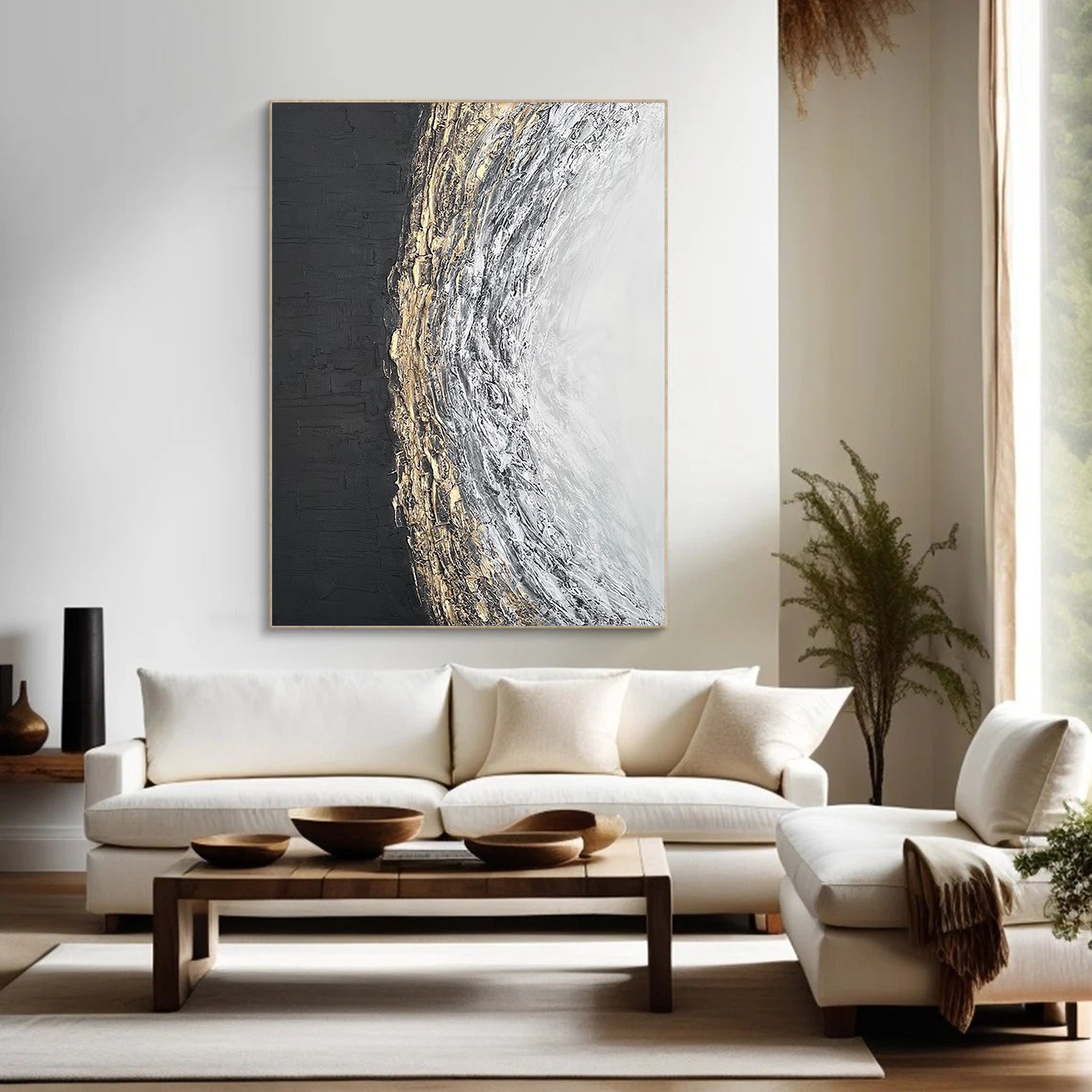 Lunar Divide: Abstract Textured Art, Gold Accent Canvas #BGA 117