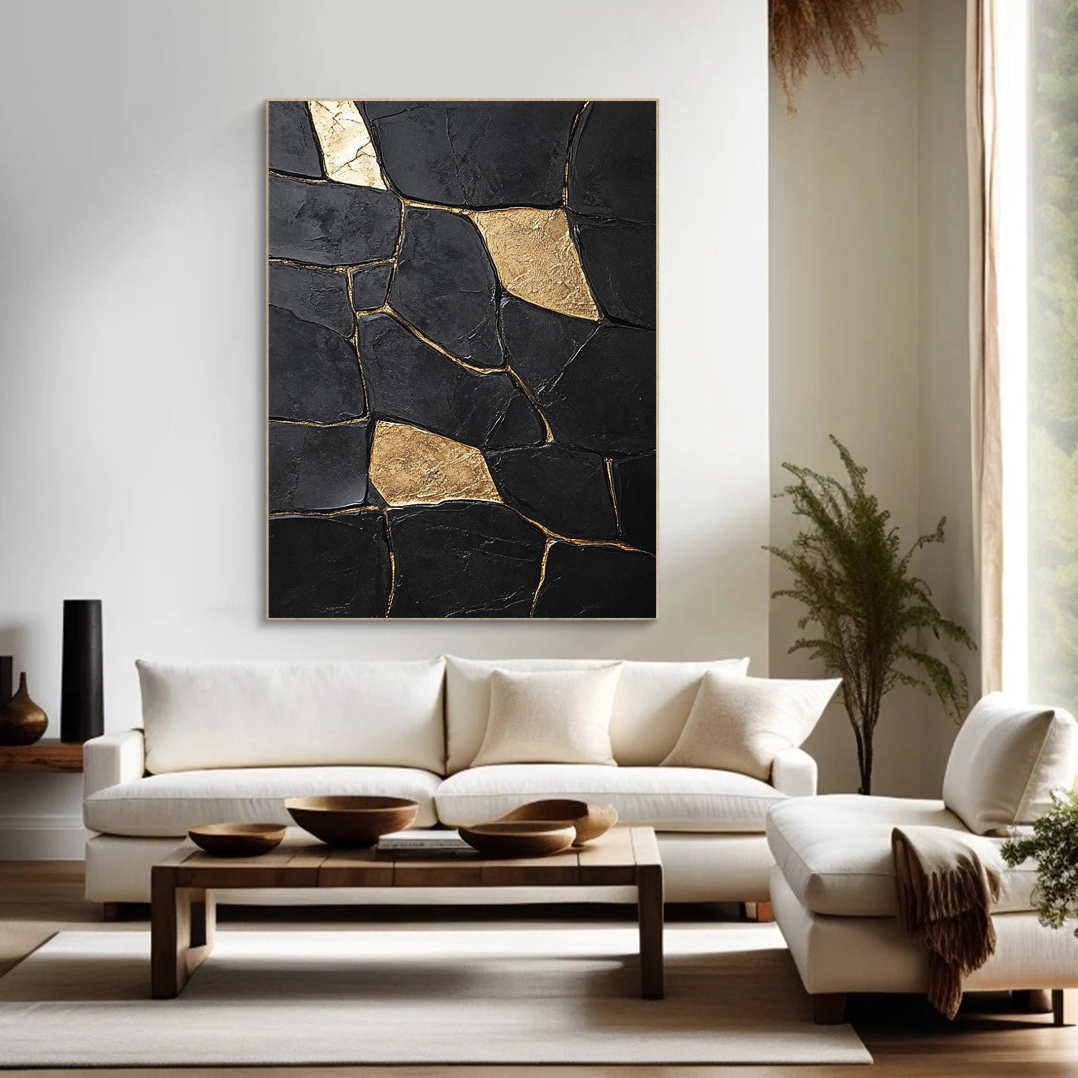 Large Black Impasto Art with Bold Geometric Gold Wall Decor #BGA 188