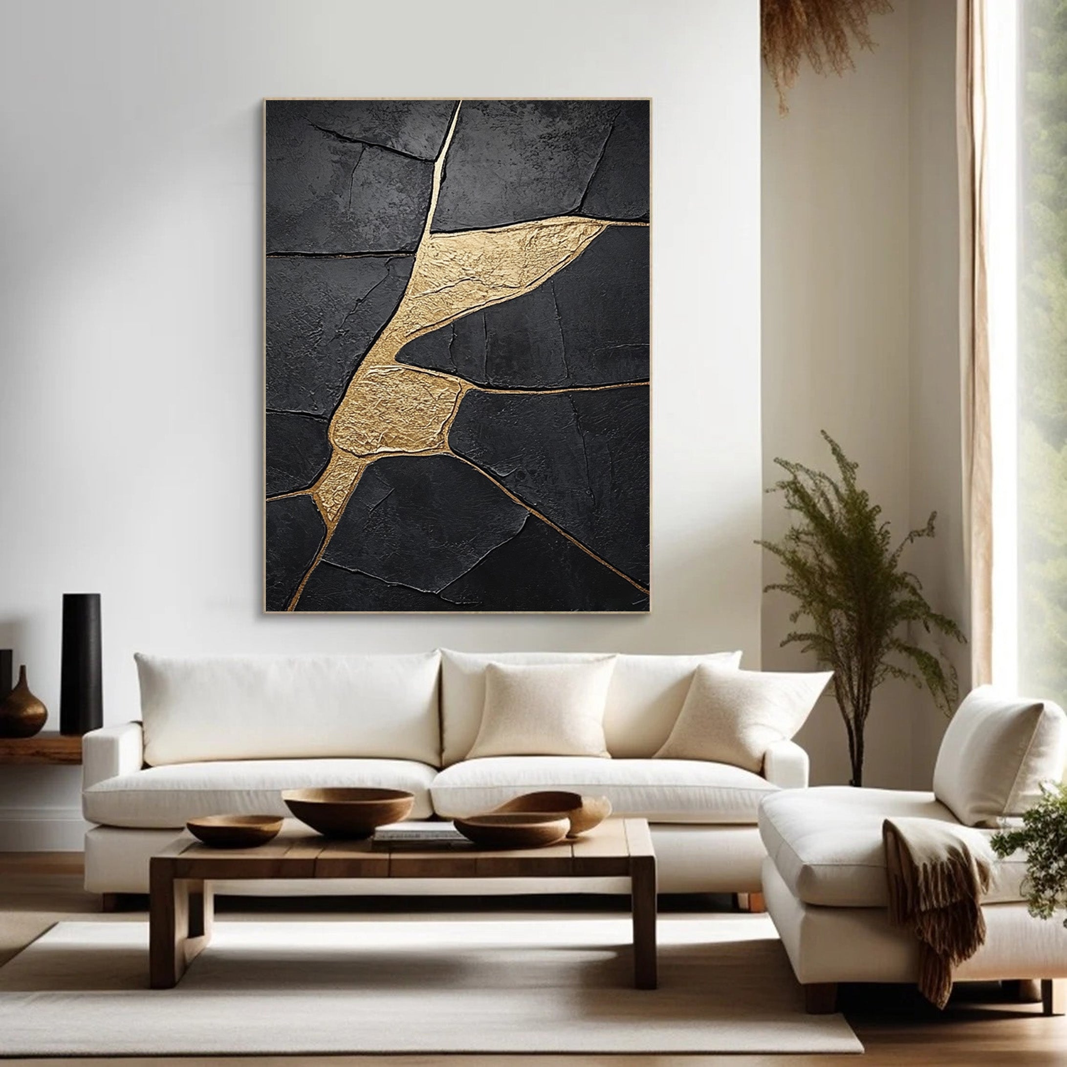 Modern Abstract Canvas with Textured Black and Gold Shapes #BGA 190