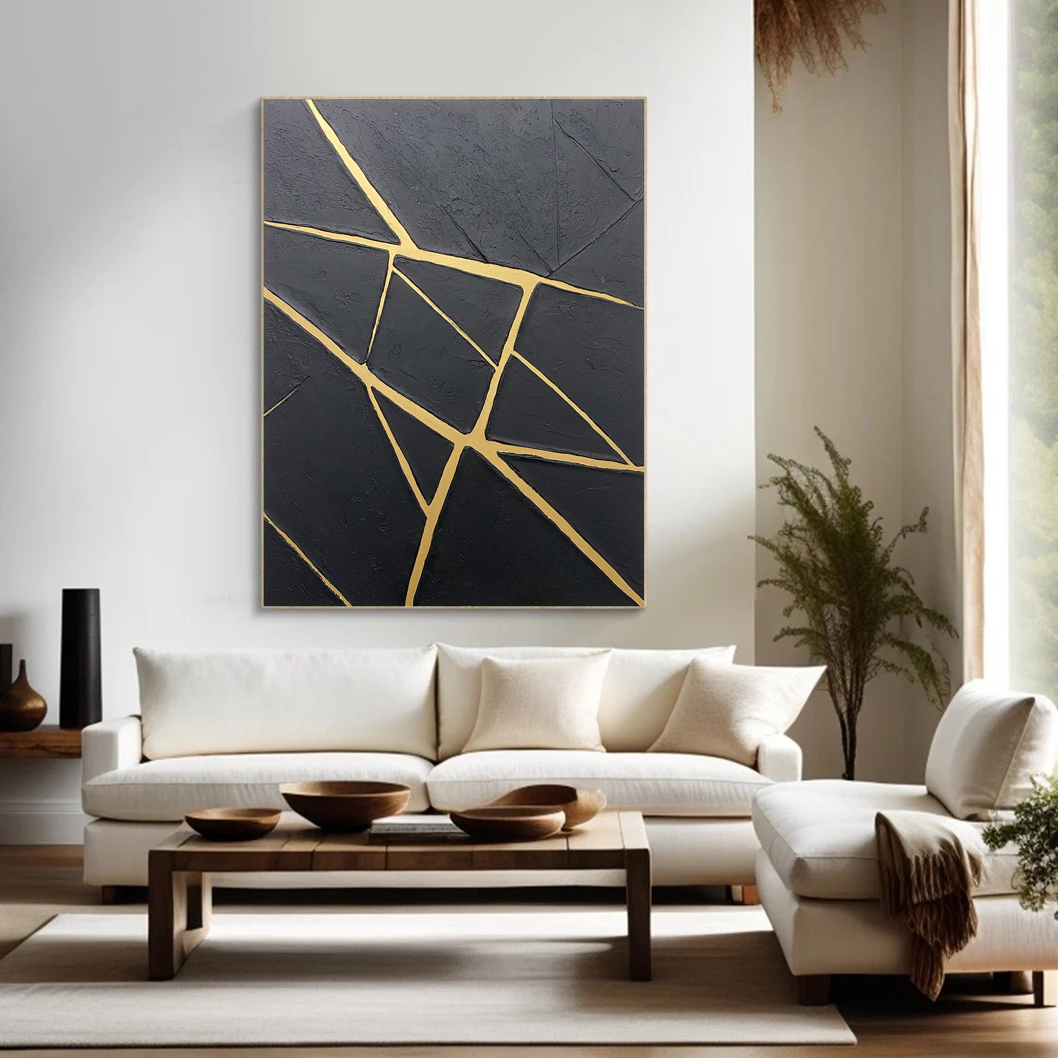 Modern Canvas with Textured Black and Geometric Gold Veins #BGA 195