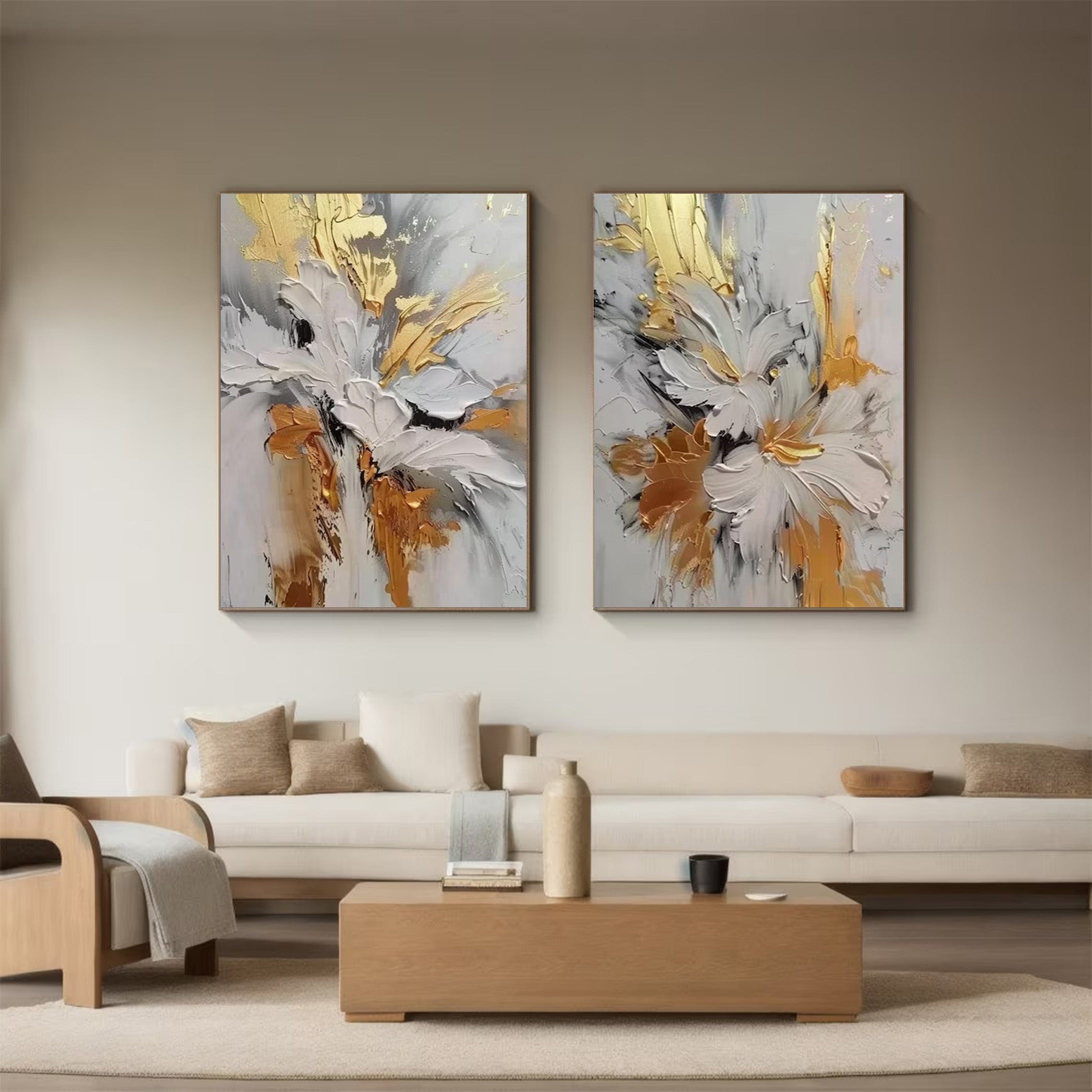 Opulent Bloom Set: 3D Gold Floral Art, Textured Abstract Art #BGA 133