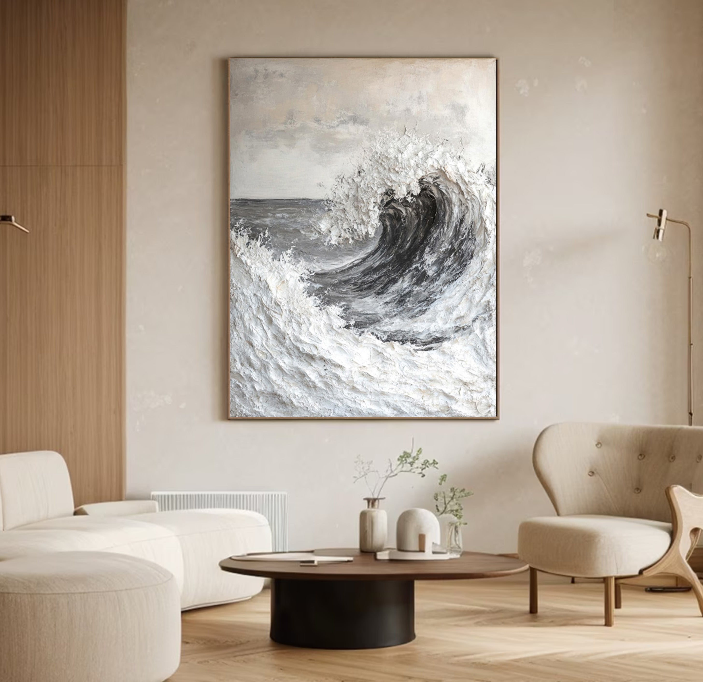 Textured Ocean Wave Wall Painting in Grayscale Impasto #BGA 201