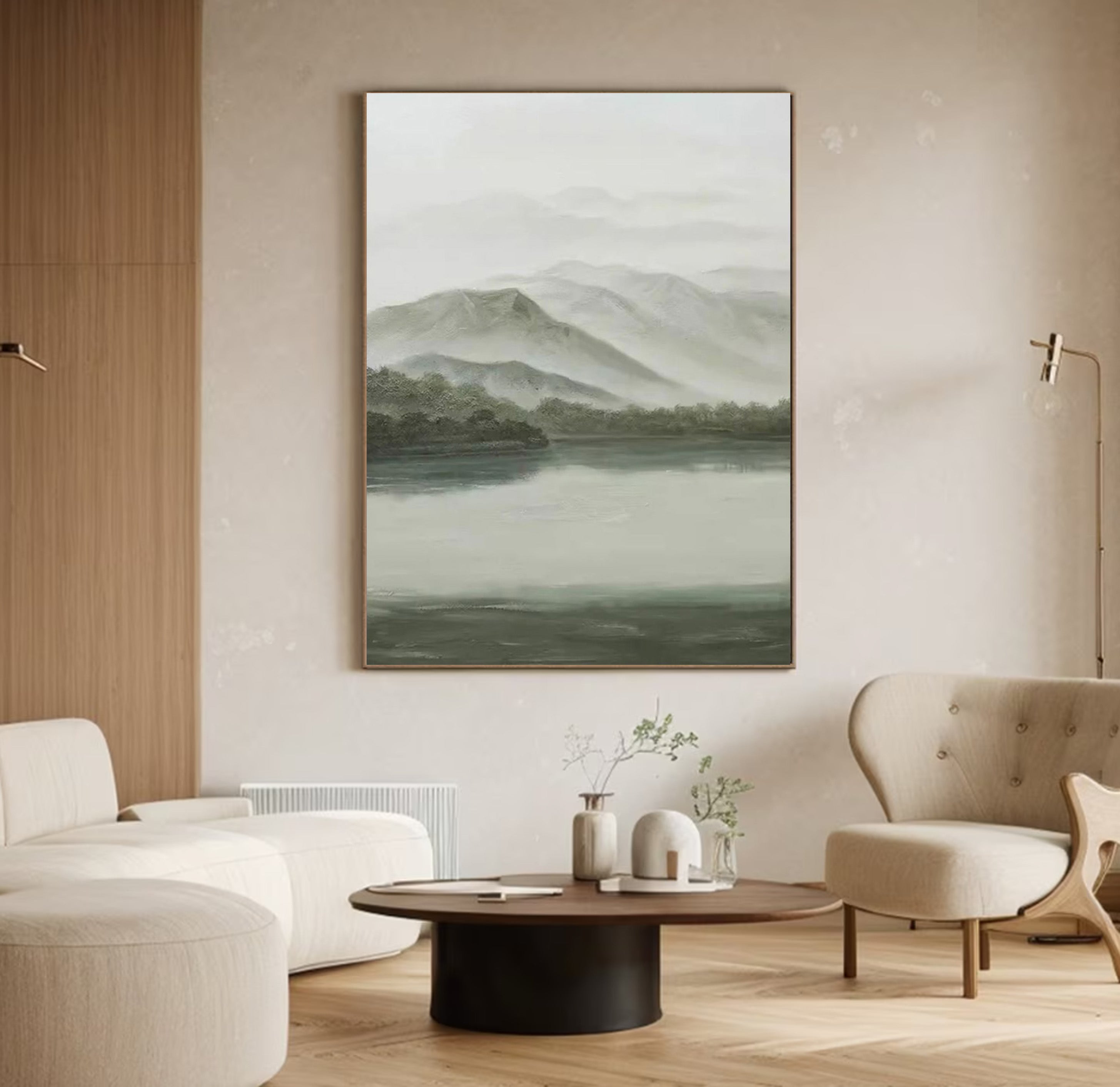 Tranquil Green & Gray River Landscape, Atmospheric Painting #BGA 173
