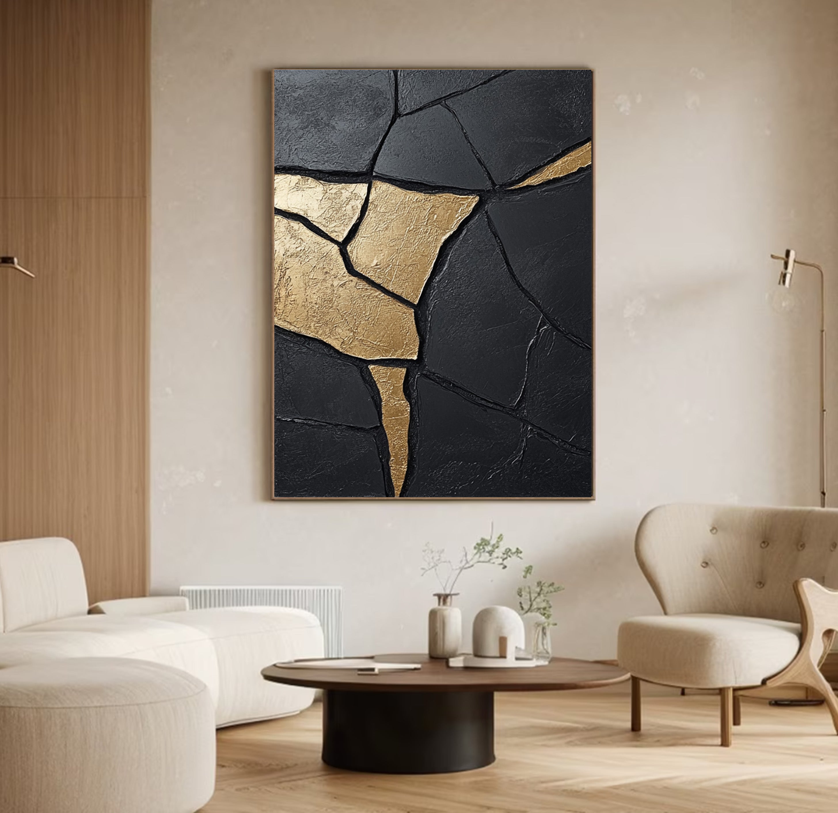 Large Contemporary Black Impasto Art with Organic Gold Shape #BGA 189