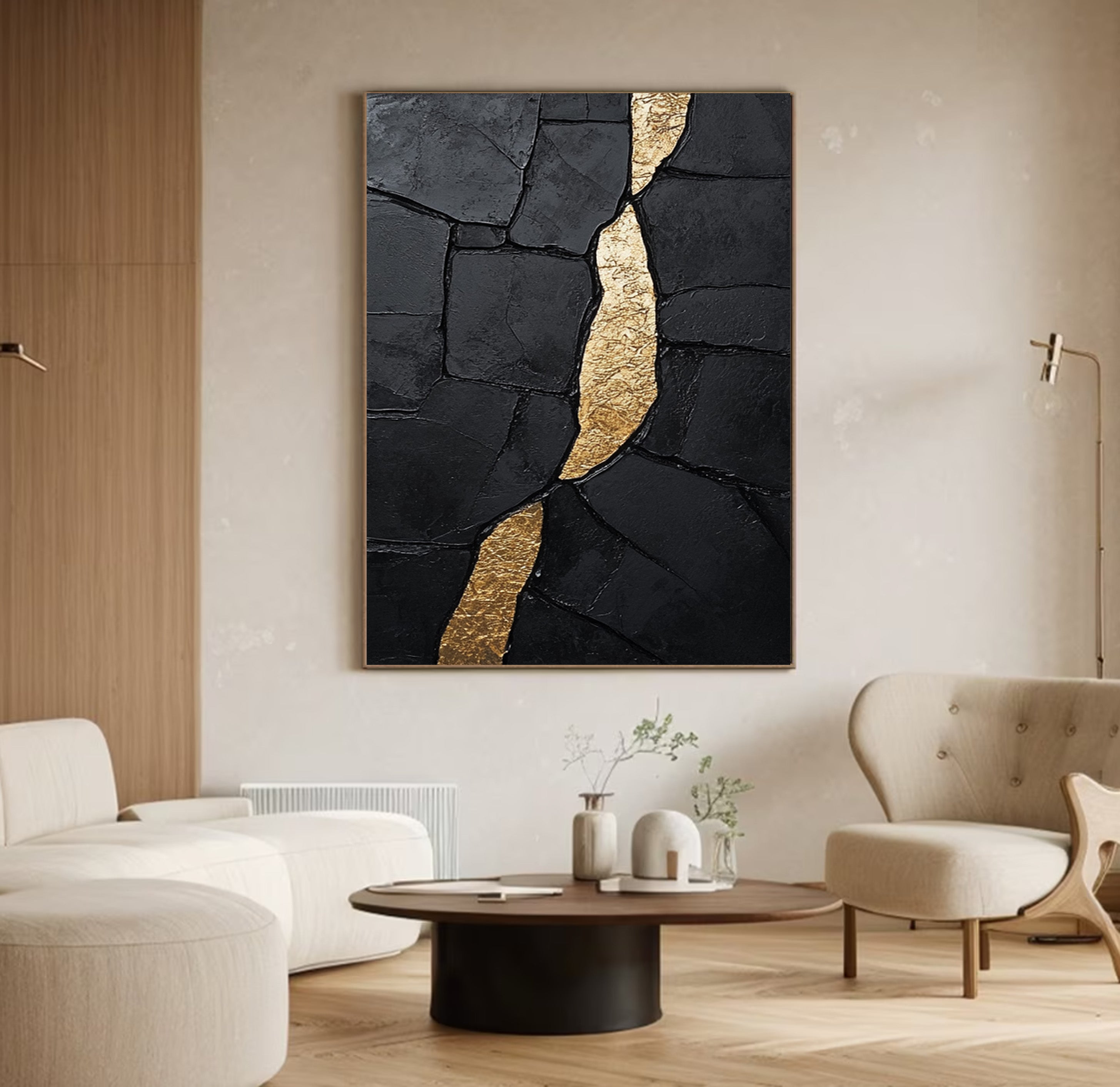 Black Impasto Canvas with Striking Vertical Organic Gold Shape #BGA 191