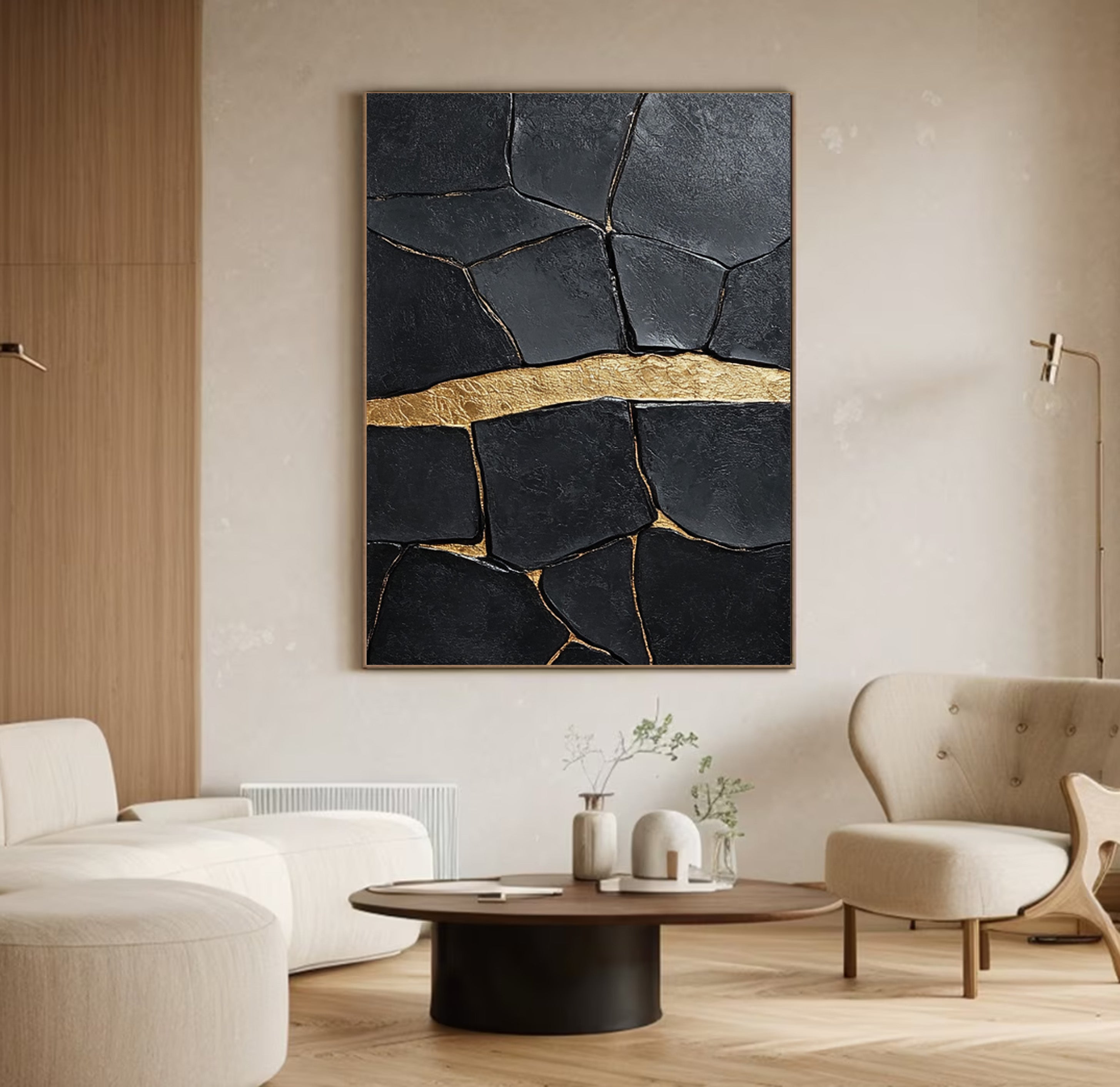 Black Impasto Art with a Bold Golden Fault, Textured Abstract #BGA 184