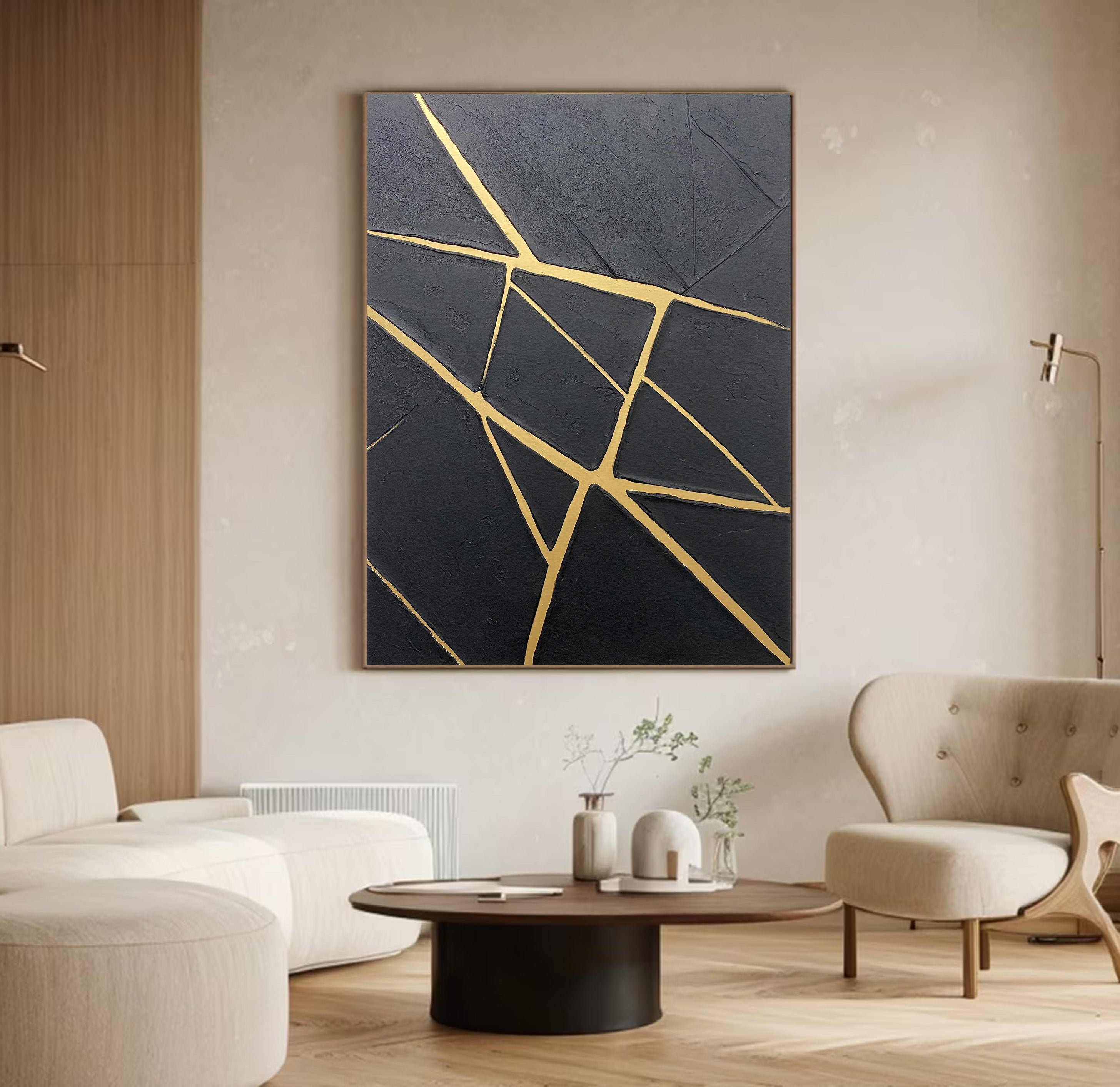 Modern Canvas with Textured Black and Geometric Gold Veins #BGA 195