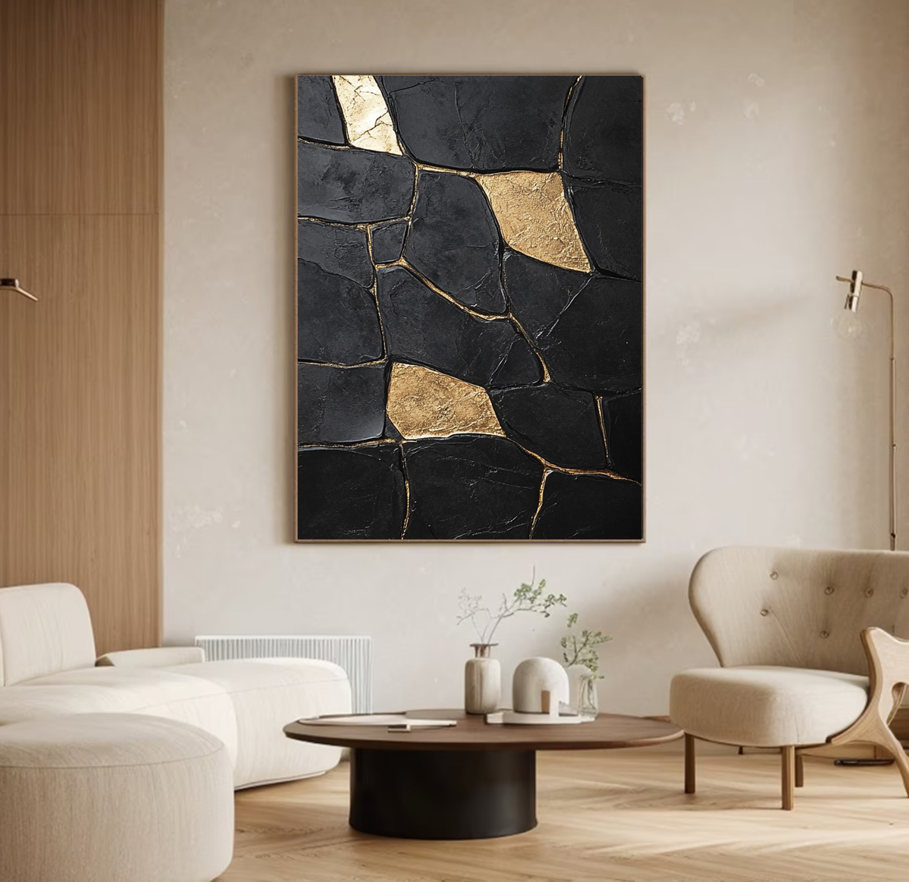 Large Black Impasto Art with Bold Geometric Gold Wall Decor #BGA 188