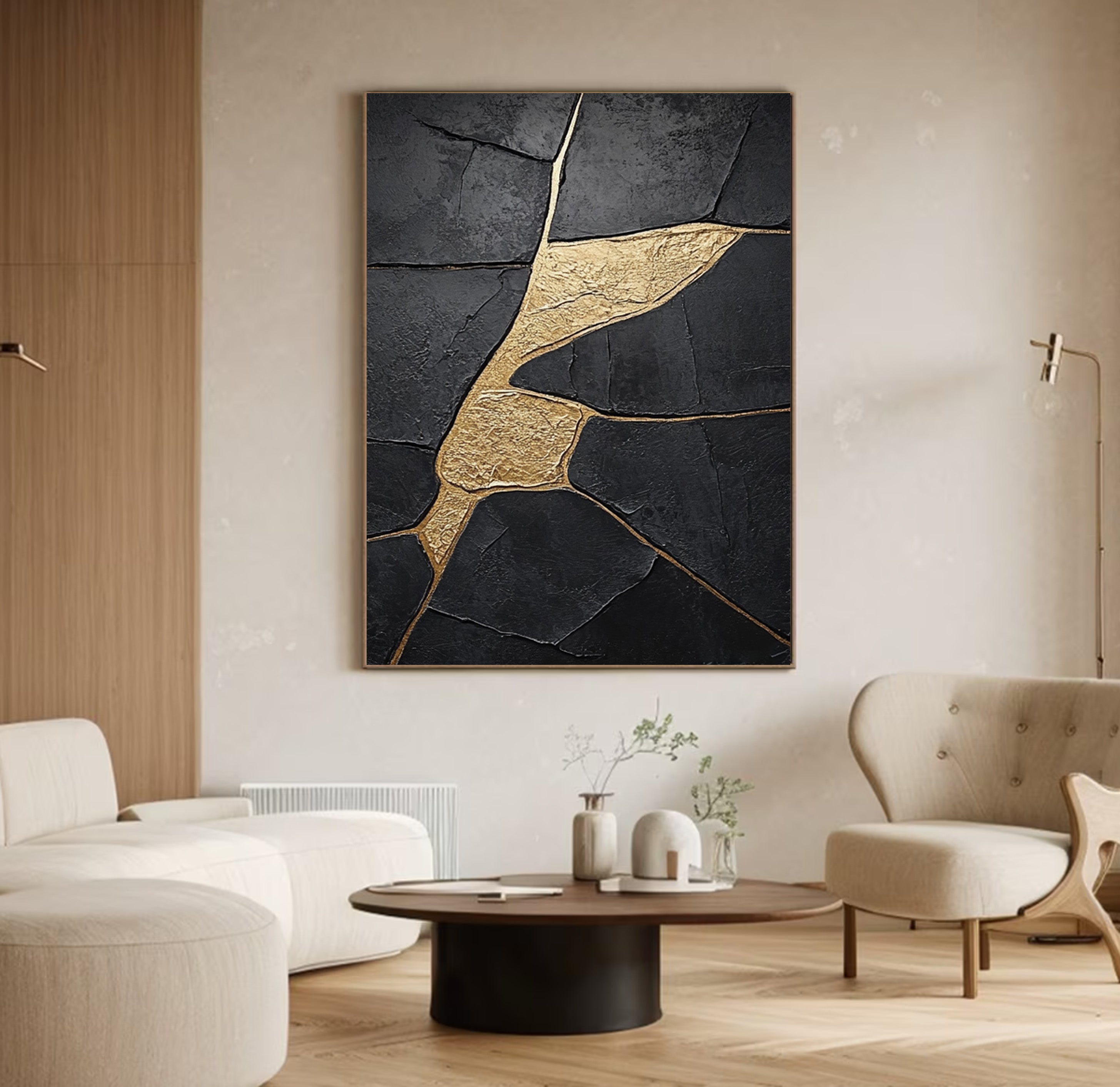 Modern Abstract Canvas with Textured Black and Gold Shapes #BGA 190