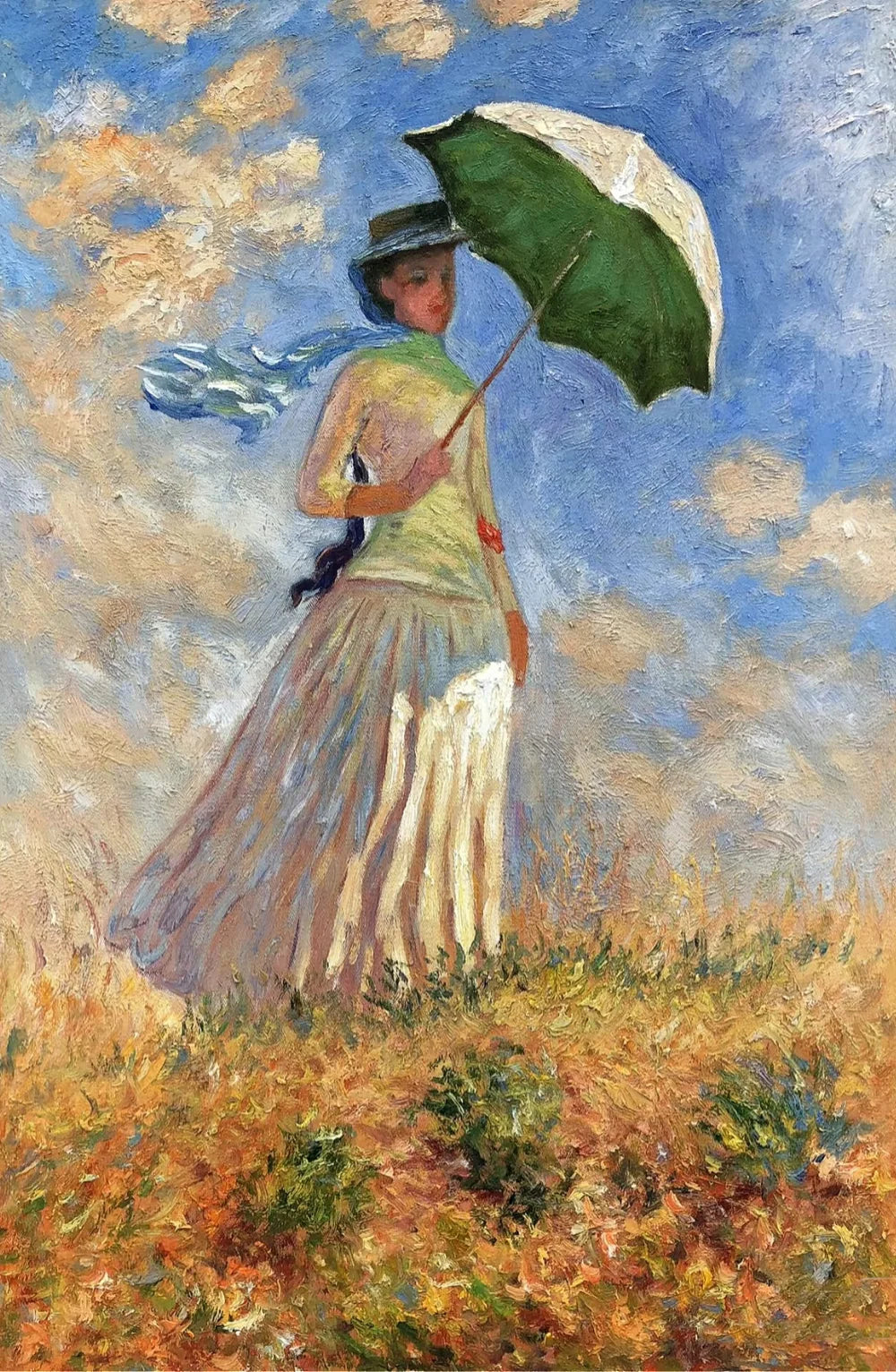 Afternoon Light Across The Meadow Impressionist Painting Woman Parasol Landscape Wall Art