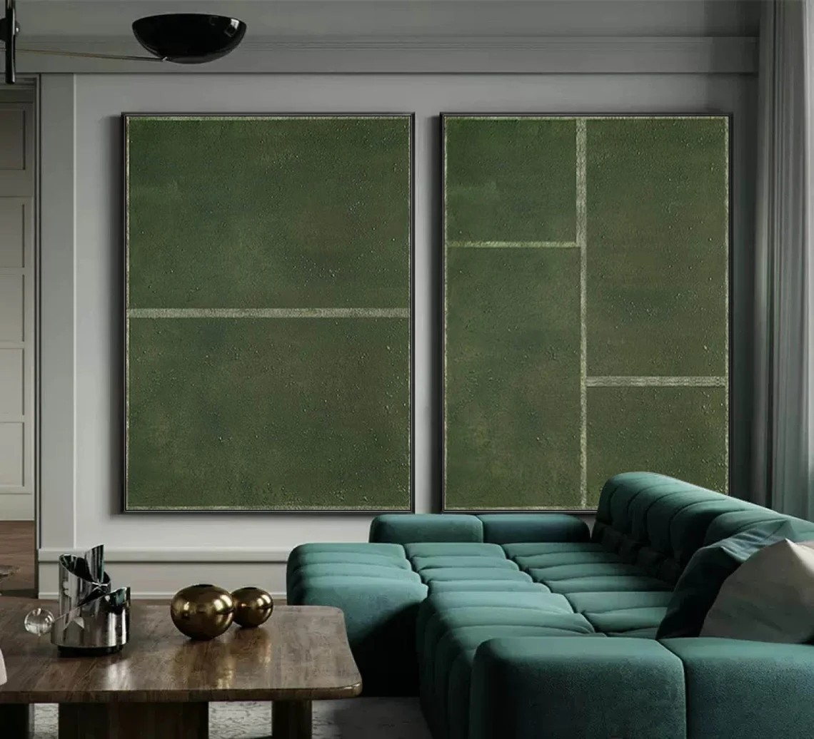 Modern Green Geometric Art, Textured Minimalist Set Of 2 #BGA 082