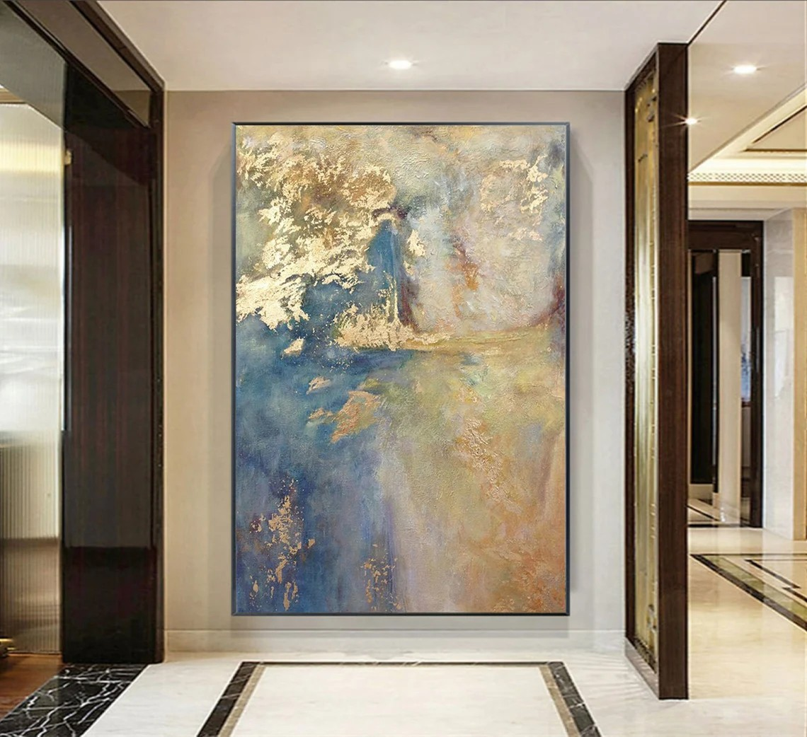Light Blue and Gold Abstract Wall Art with Metallic Accents #BGA 092