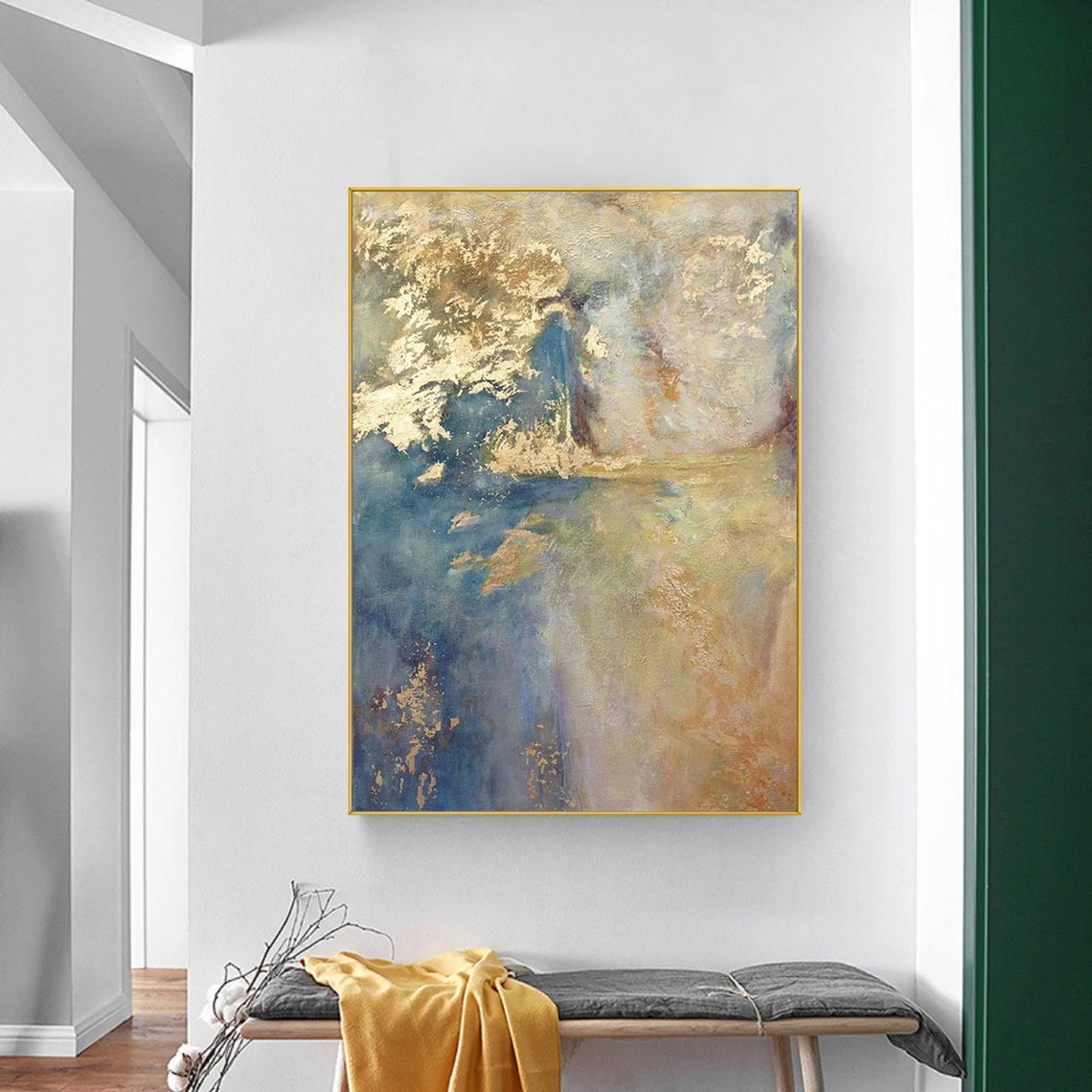 Light Blue and Gold Abstract Wall Art with Metallic Accents #BGA 092