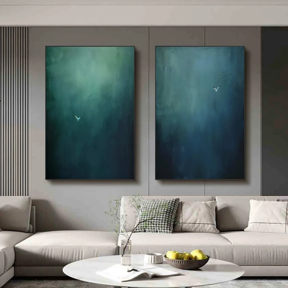 Serene Gradient Landscape Diptych, Minimalist Bird Wall Art #BGA 075