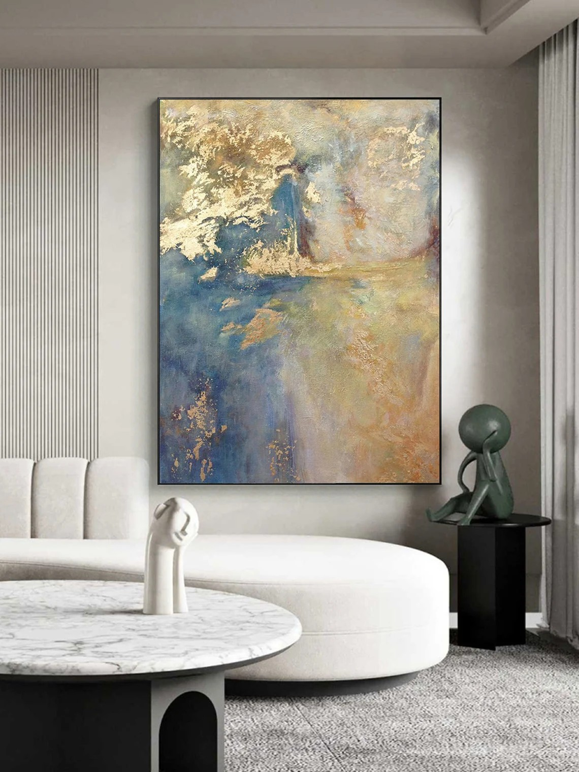 Light Blue and Gold Abstract Wall Art with Metallic Accents #BGA 092