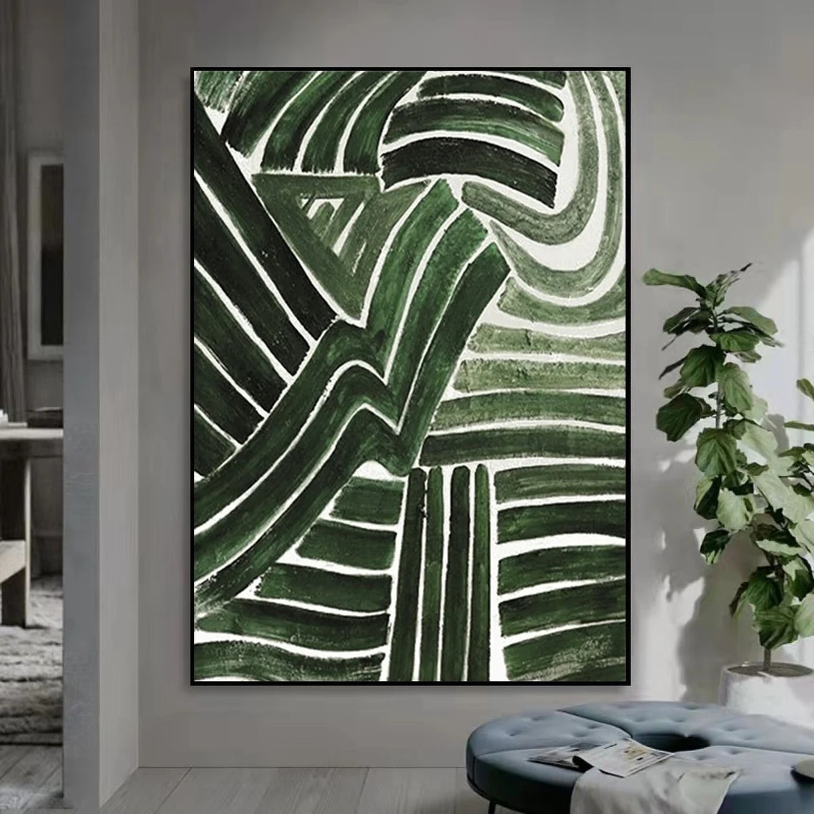 Bold Green Line Modern Abstract Painting, Minimalist Decor #BGA 097