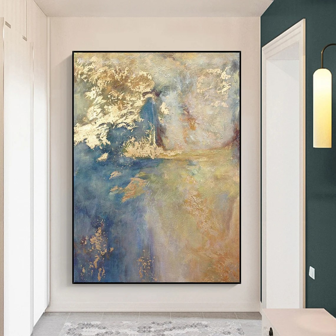 Light Blue and Gold Abstract Wall Art with Metallic Accents #BGA 092