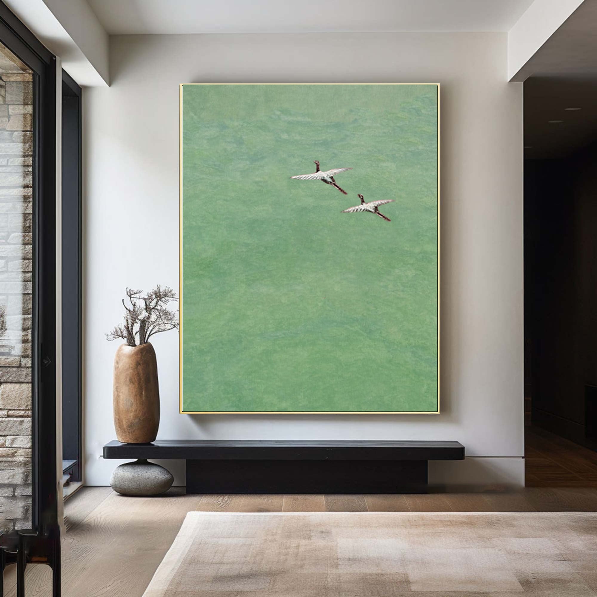 Minimalist Bird Painting - Green Textured Abstract Art #WG 085