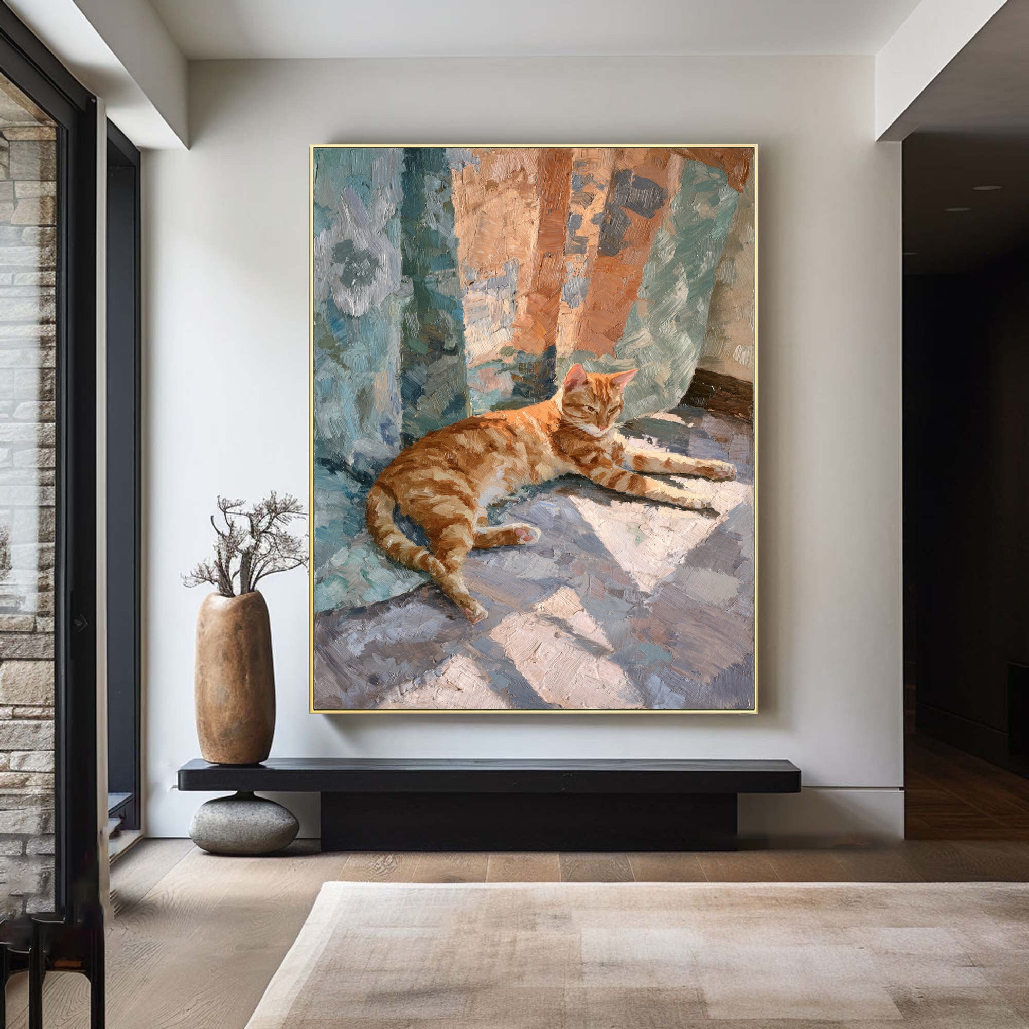 Abstract Feline Canvas Lounging Cat Textured Artwork #WG 052
