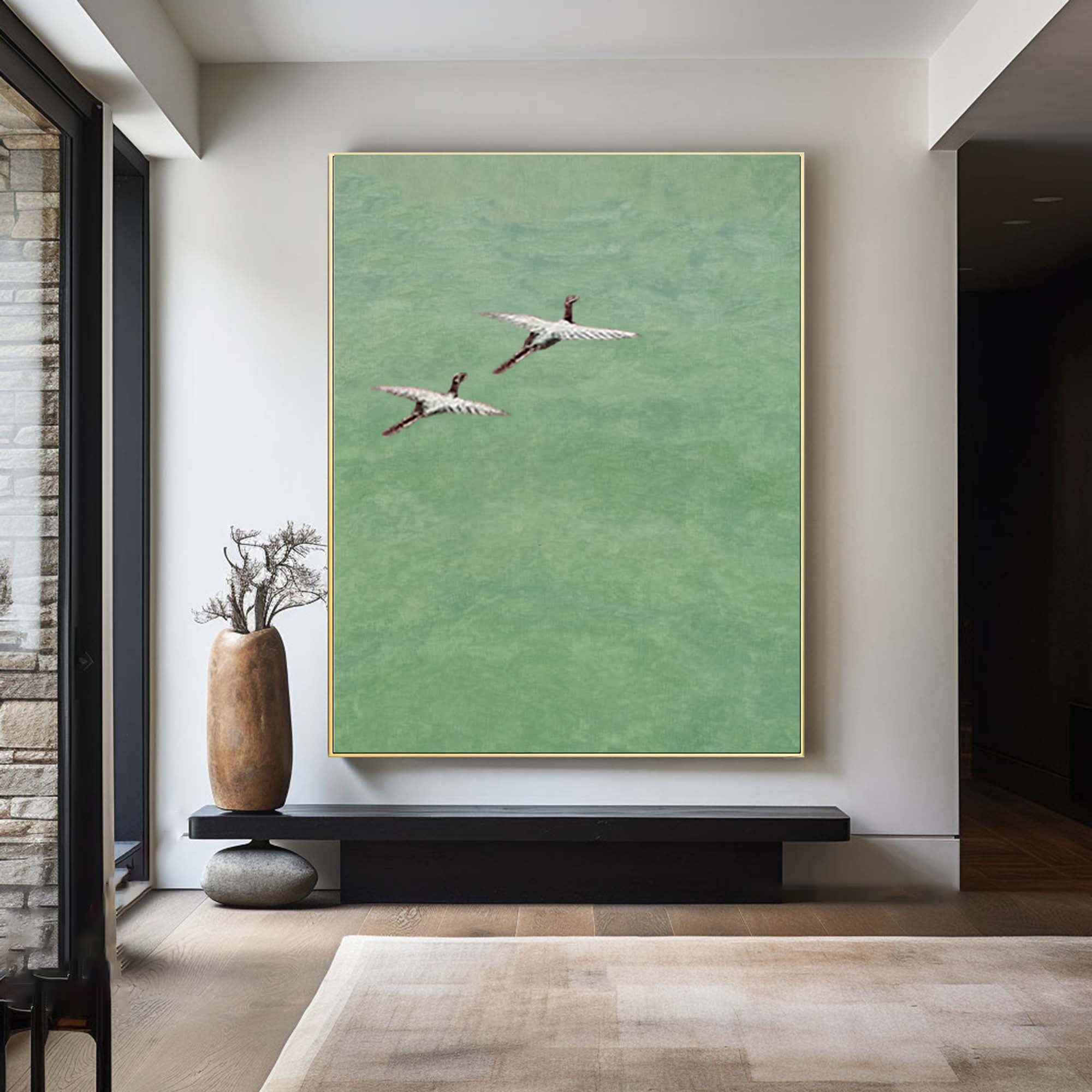 Contemporary Green Abstract Canvas with Flying Birds #WG 084