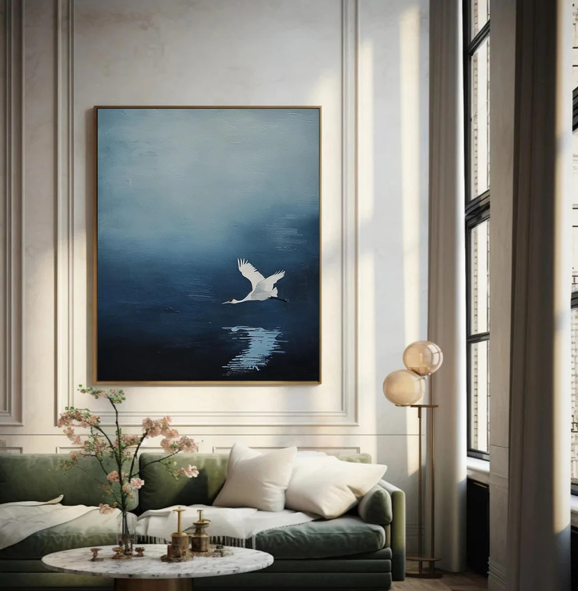 Serene Blue and White Crane Canvas, Minimalist Bird Wall Art #BGA 095