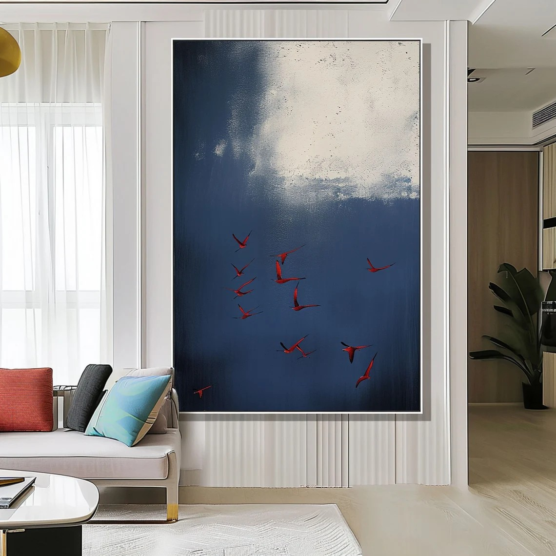 Surreal Blue Sky With Red Birds Canvas, Contemporary Wall Art #BGA 087
