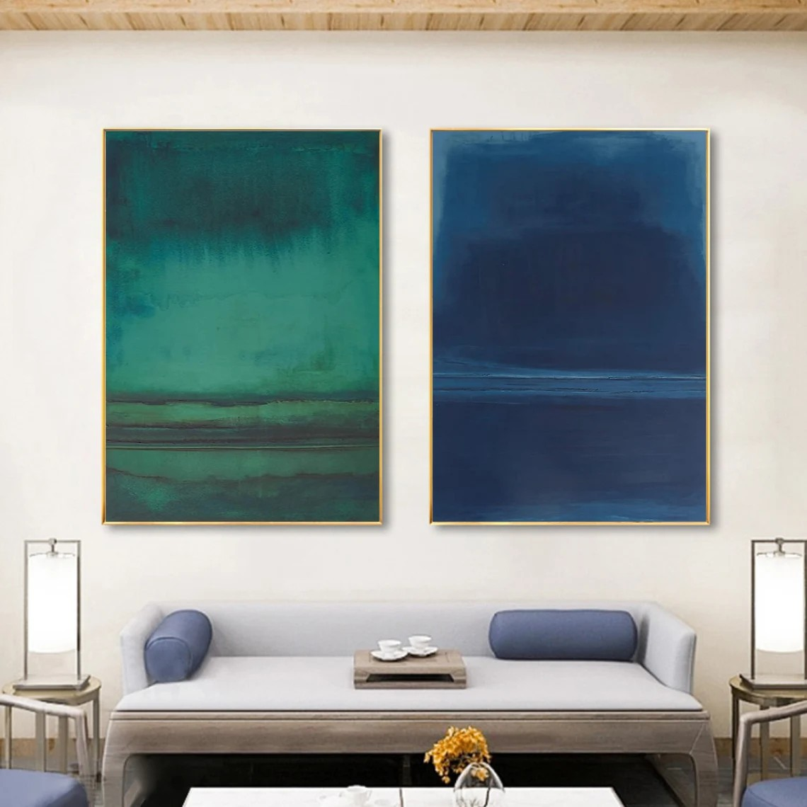 Calming Blue & Green Serene Art Set Of 2, Minimalist Wall Art #BGA 088