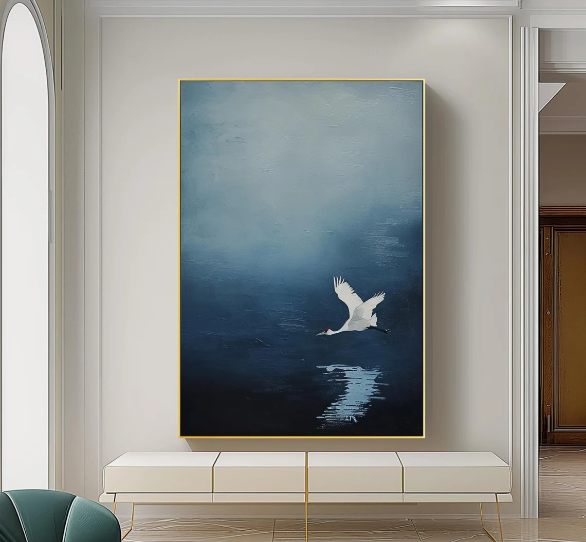 Serene Blue and White Crane Canvas, Minimalist Bird Wall Art #BGA 095