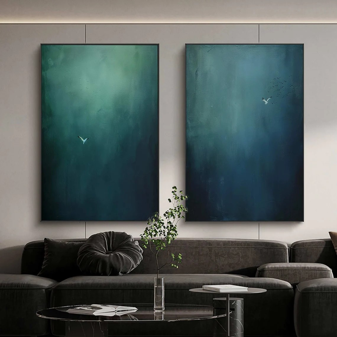 Serene Gradient Landscape Diptych, Minimalist Bird Wall Art #BGA 075