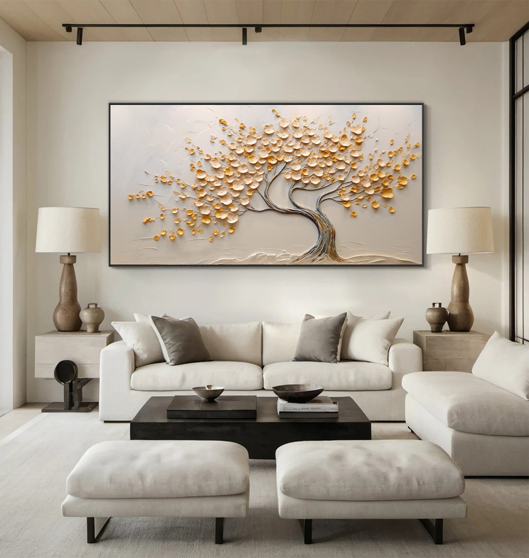 Textured Tree Painting White Impasto Leaves Wall Art #WG 091