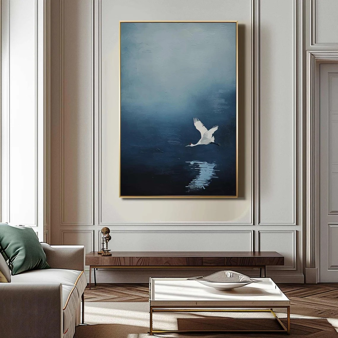 Serene Blue and White Crane Canvas, Minimalist Bird Wall Art #BGA 095